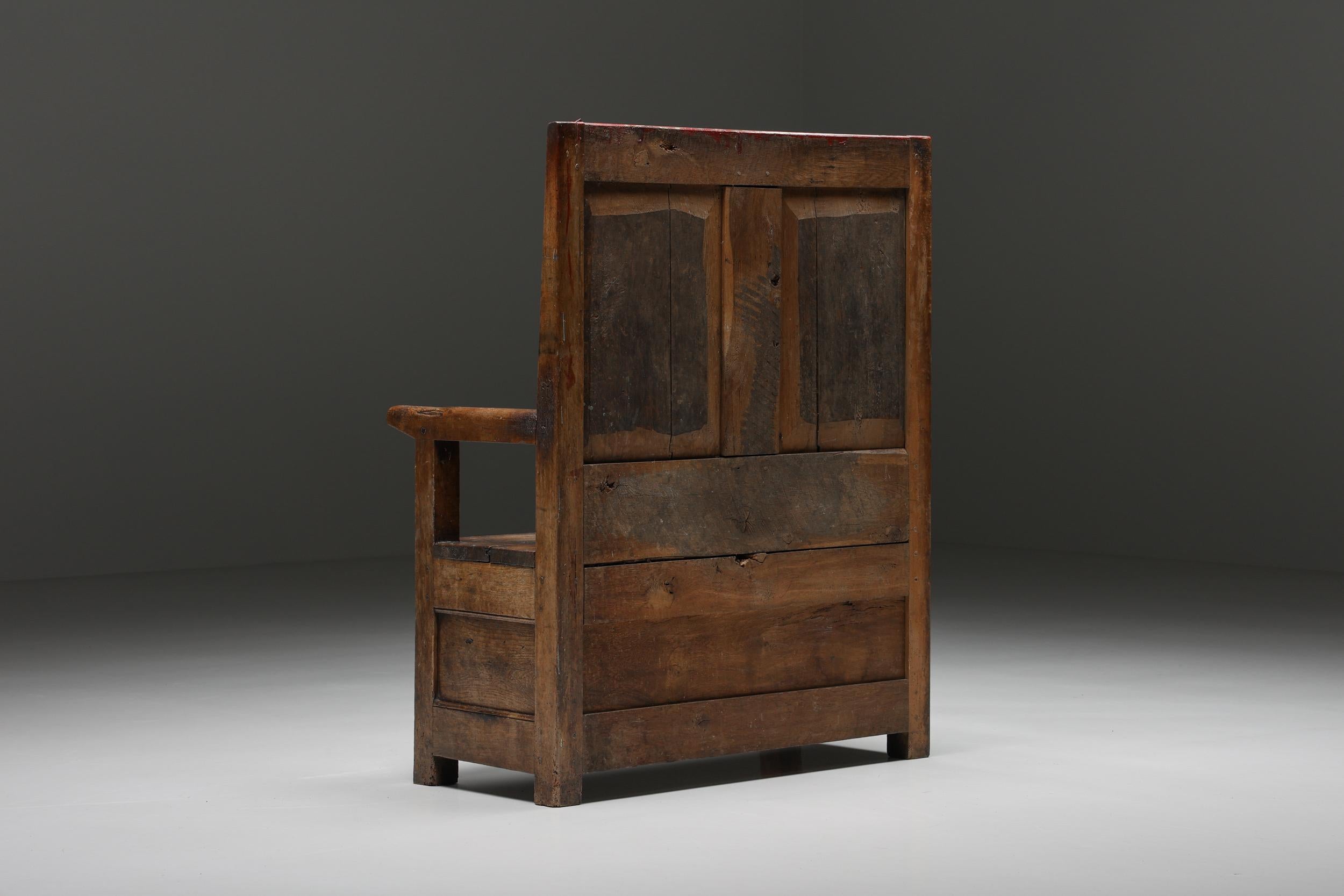 High Back Wooden Wabi-Sabi Church, Pray Bench II, Modular Back, Rustic, 1880s In Good Condition For Sale In Antwerp, BE