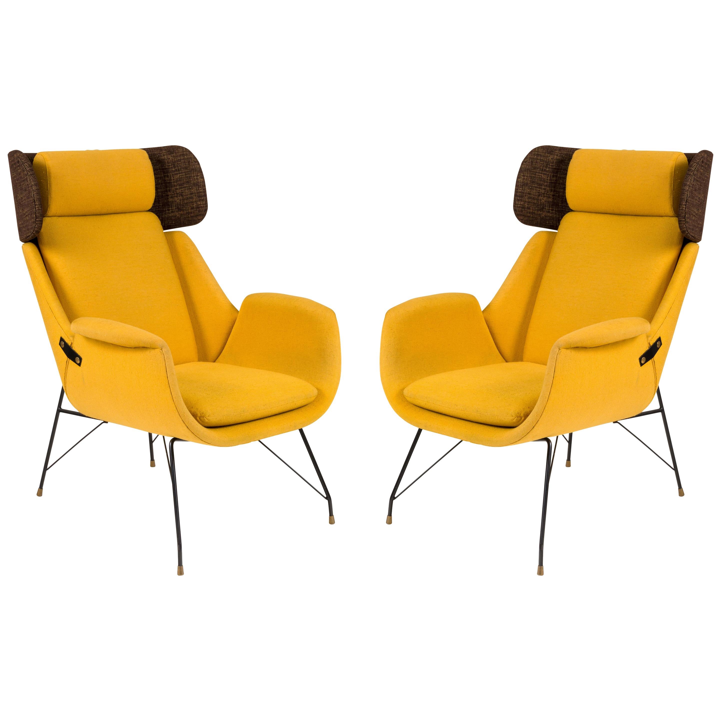 High Back Yellow Lounge Chairs by Augusto Bozzi for Saporiti, Italy 1950s