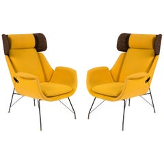 High Back Yellow Lounge Chairs by Augusto Bozzi for Saporiti, Italy 1950s