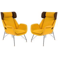 High Back Yellow Lounge Chairs by Augusto Bozzi for Saporiti, Italy 1950s