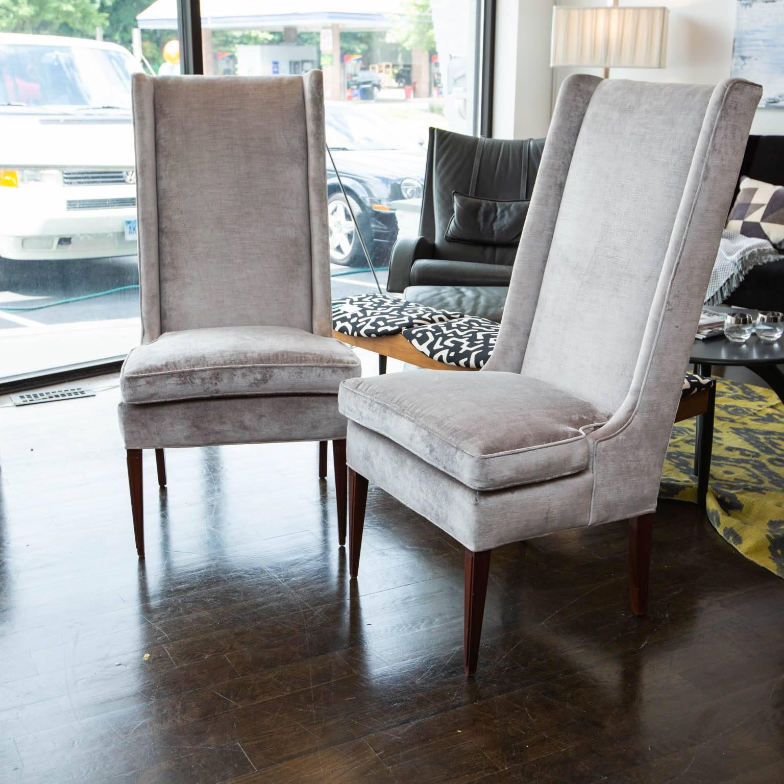 20th Century High Backed Wing Chairs in Grey Velvet For Sale