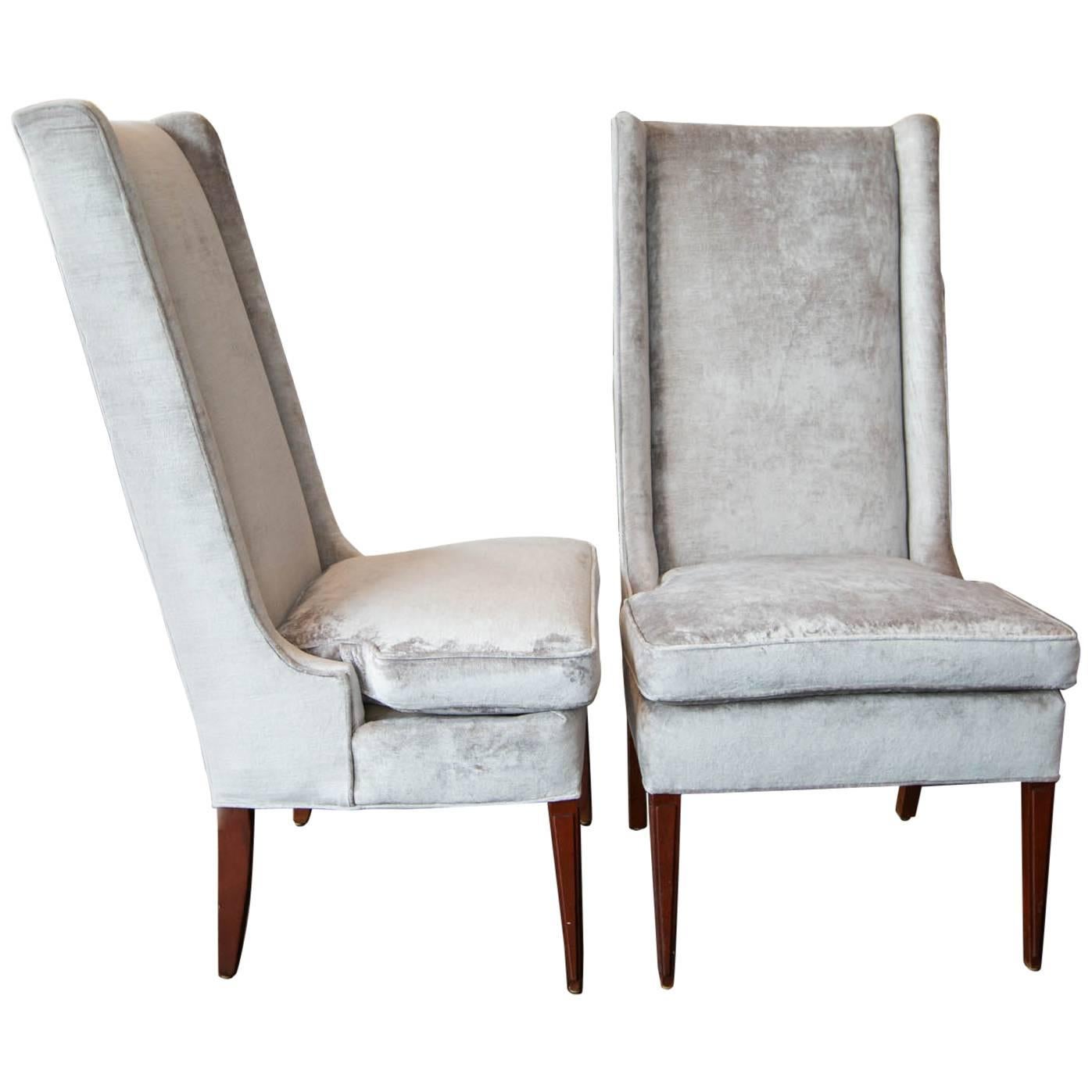 High Backed Wing Chairs in Grey Velvet For Sale