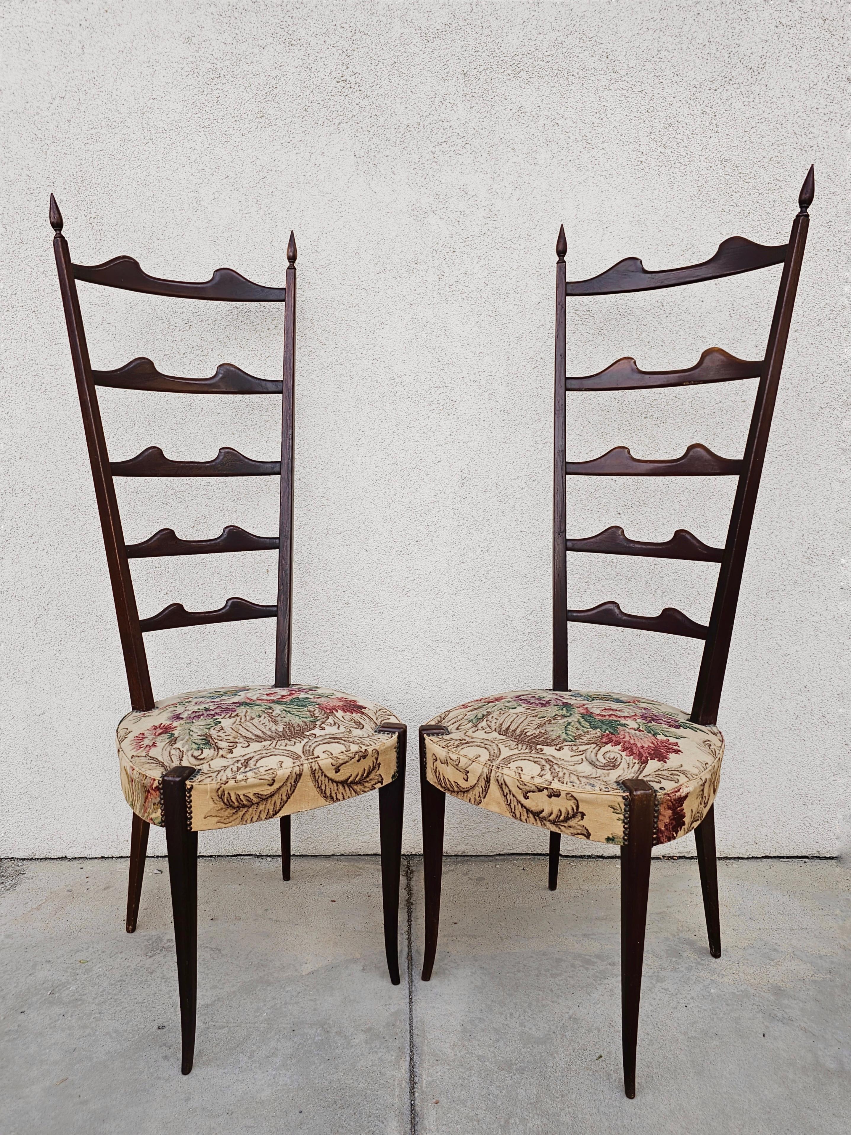 Italian High Backrest Chiavari Chairs done in Mahogany by Paolo Buffa Pair, Italy 1950s For Sale