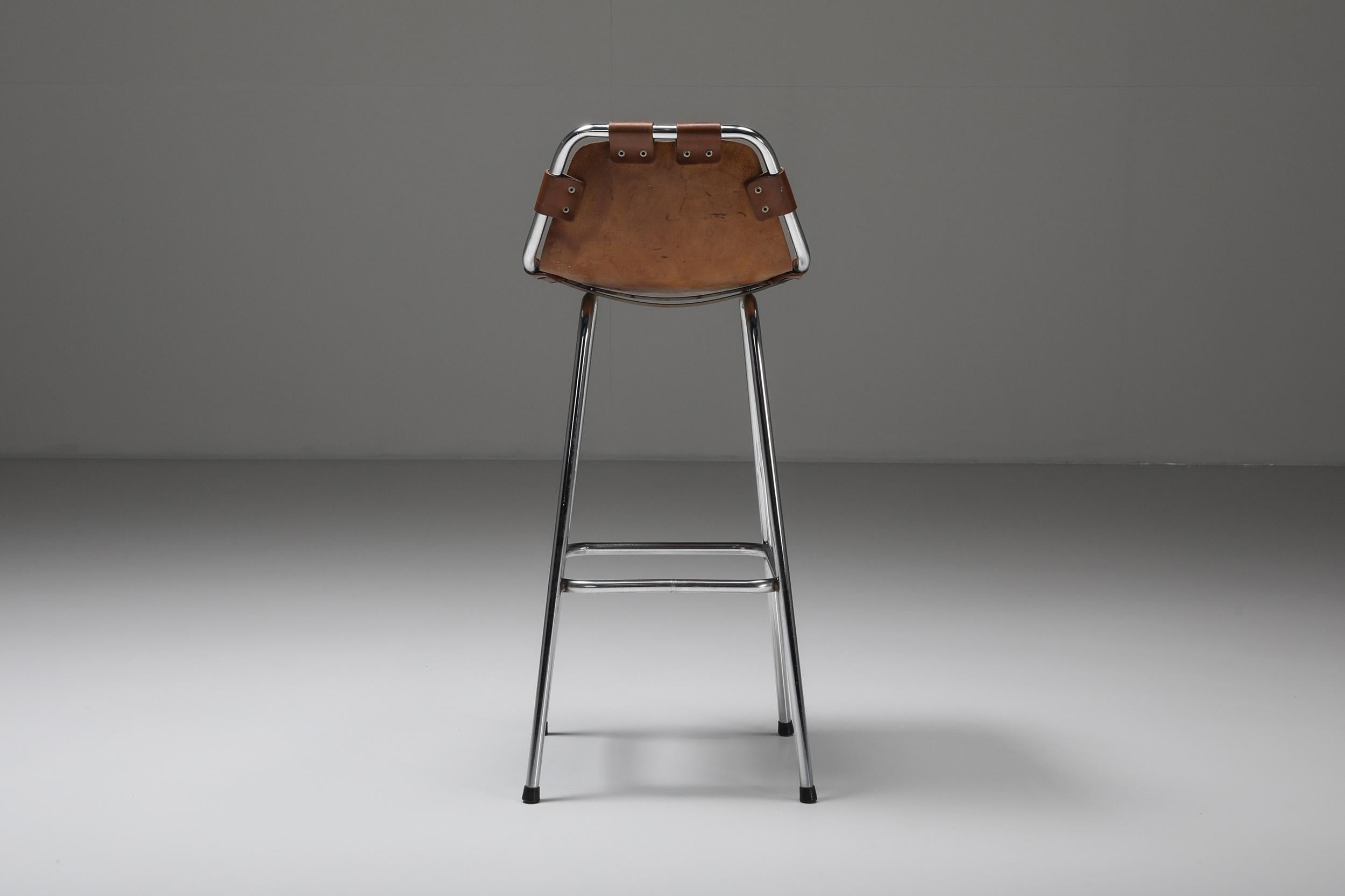 Cognac leather, chrome, attributed to Charlotte Perriand, France, 1960s

A Charlotte Perriand stool that is very unusual and sought after, designed by Perriand for and used in the Ski Resort Les Arcs, circa 1960. Very nice chrome tubular frame