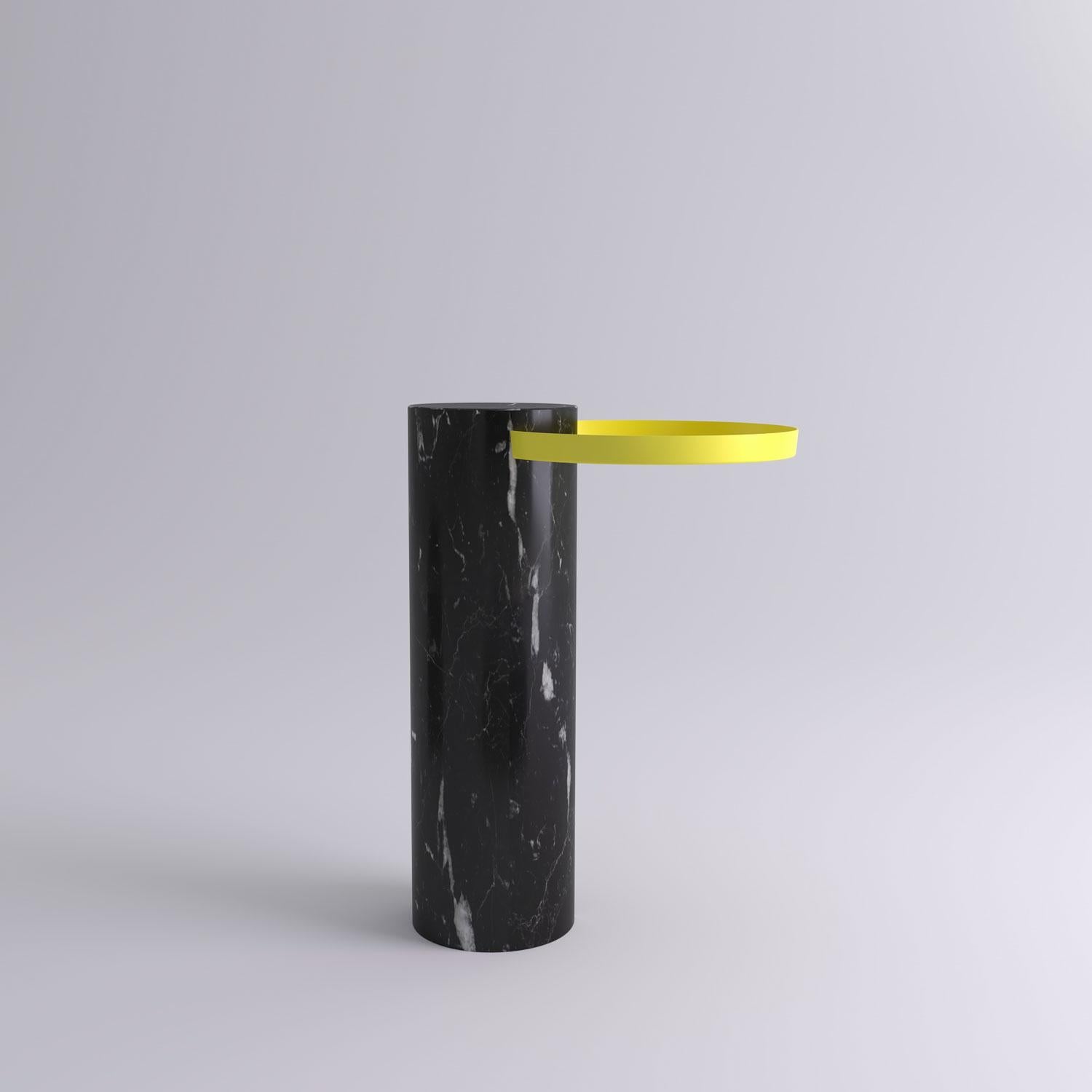 High black marquina marble contemporary guéridon, Sebastian Herkner
Dimensions: D 42 x H 57 cm
Materials: Black Marquina marble, yellow metal tray

The salute table exists in 3 sizes, 4 different marble stones for the column and 5 different