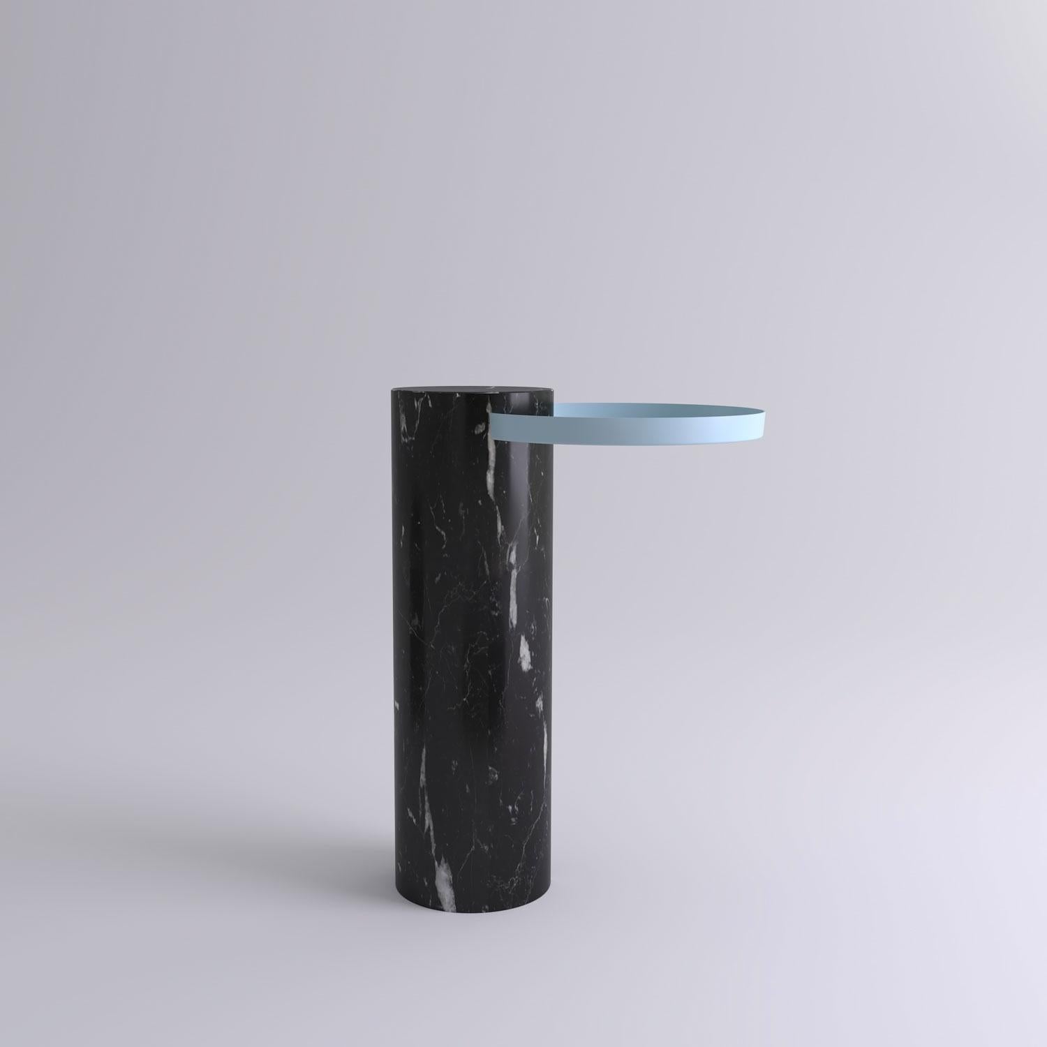 High black marquina marble contemporary guéridon, Sebastian Herkner
Dimensions: D 42 x H 57 cm
Materials: Black Marquina marble, light blue metal tray

The salute table exists in 3 sizes, 4 different marble stones for the column and 5 different