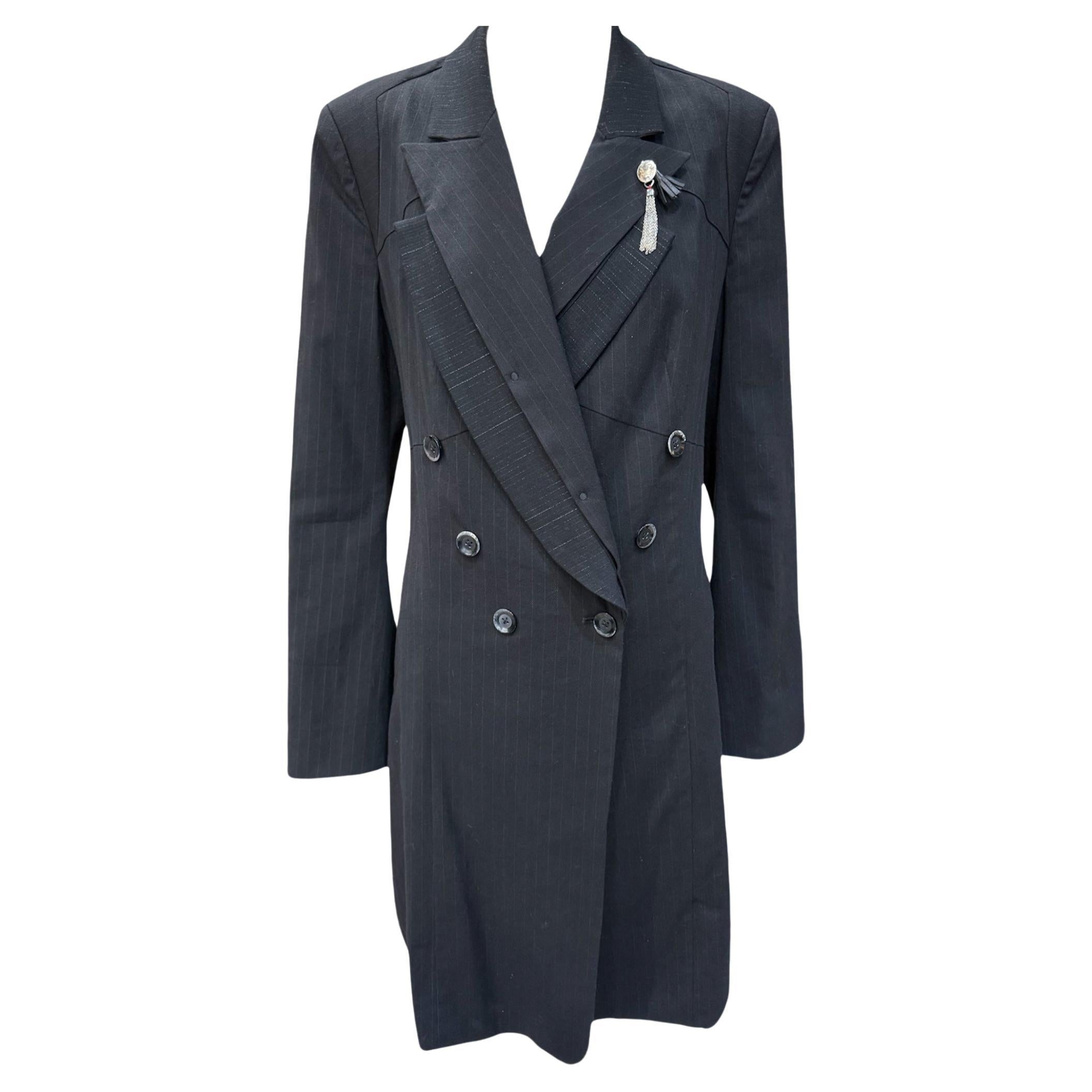 High Black Pin Striped Tuxedo Trench Coat, 2000s For Sale