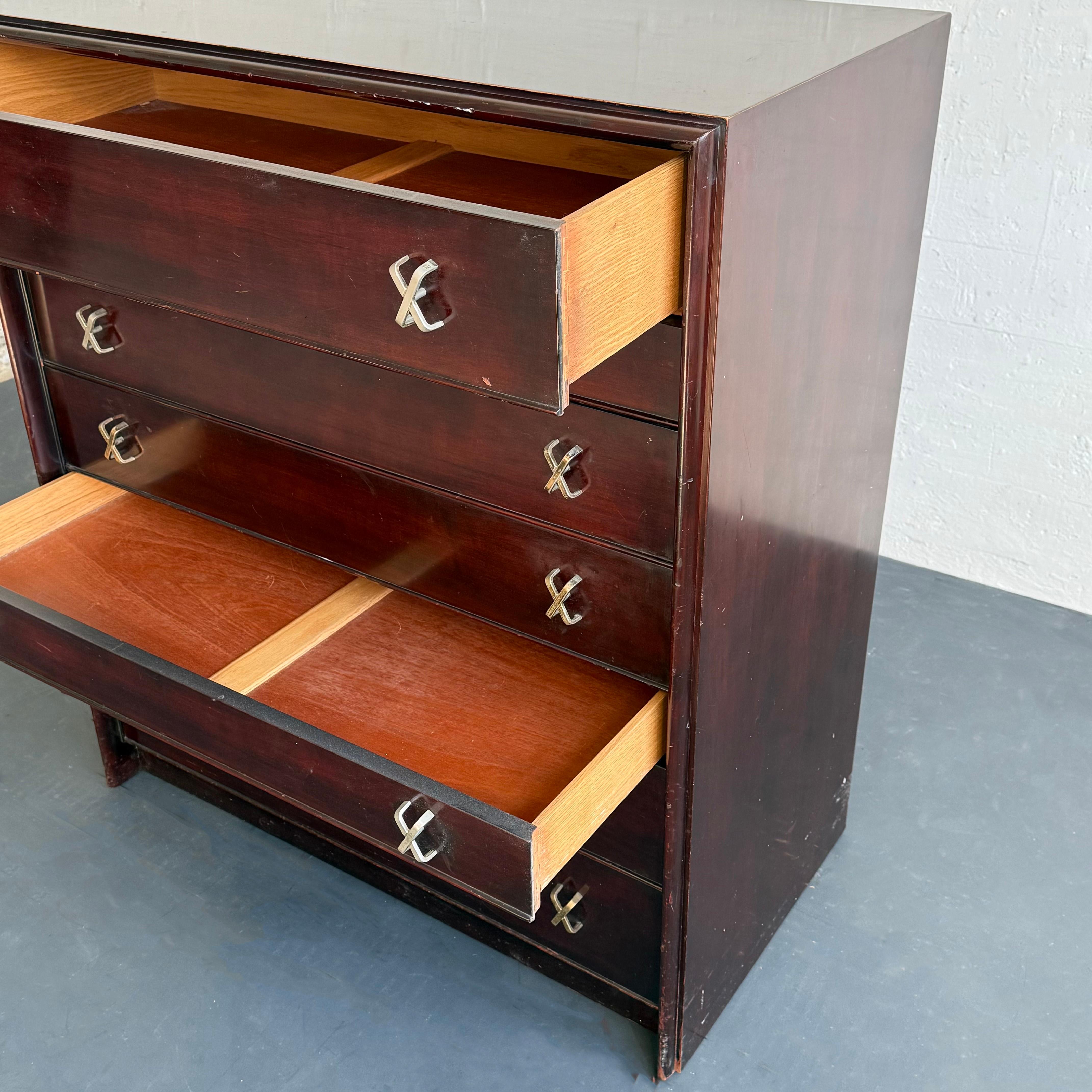 High-Boy Dresser With Nickel X-Shaped Pulls By Paul Frankl For Johnson Furniture For Sale 4