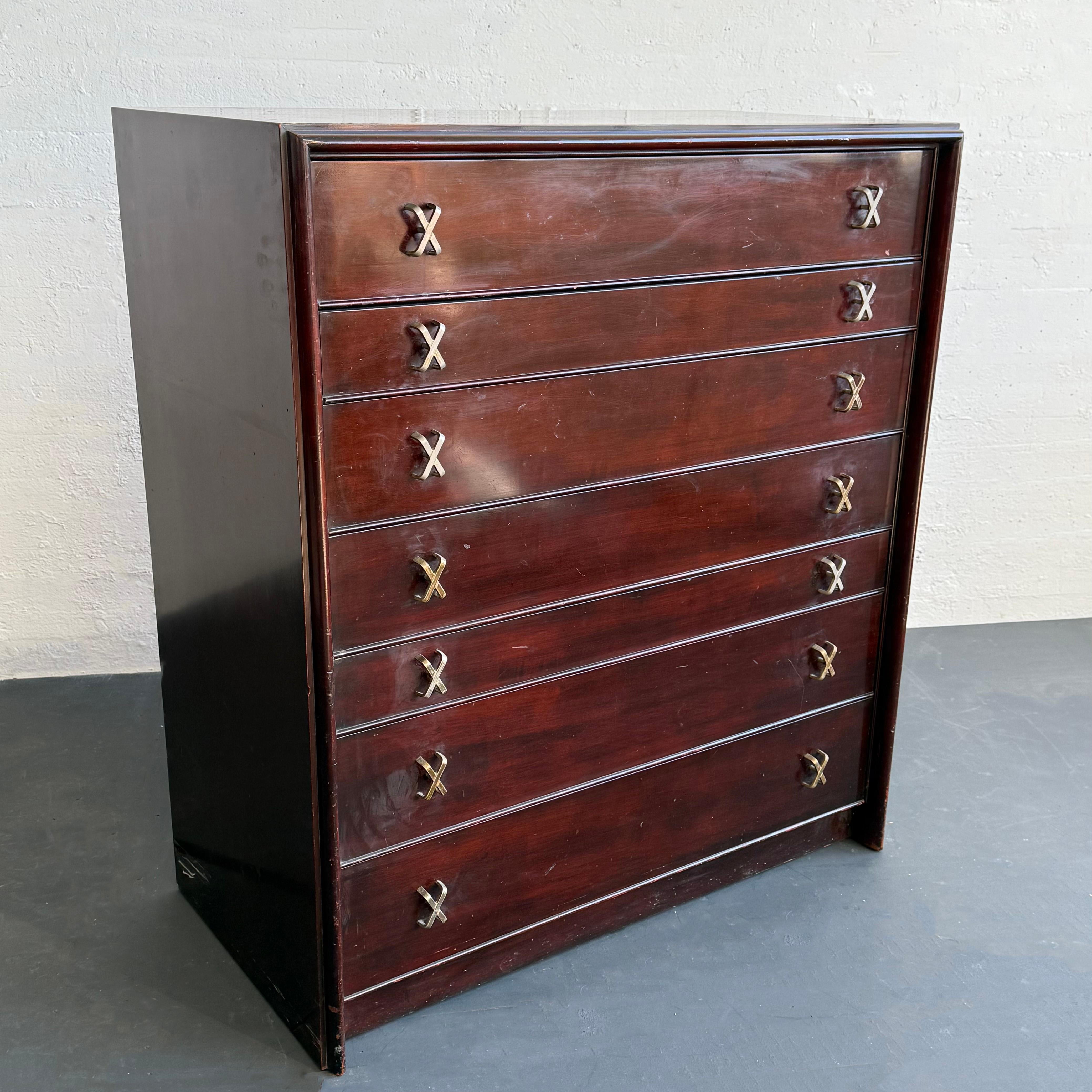 High-Boy Dresser With Nickel X-Shaped Pulls By Paul Frankl For Johnson Furniture In Good Condition For Sale In Brooklyn, NY