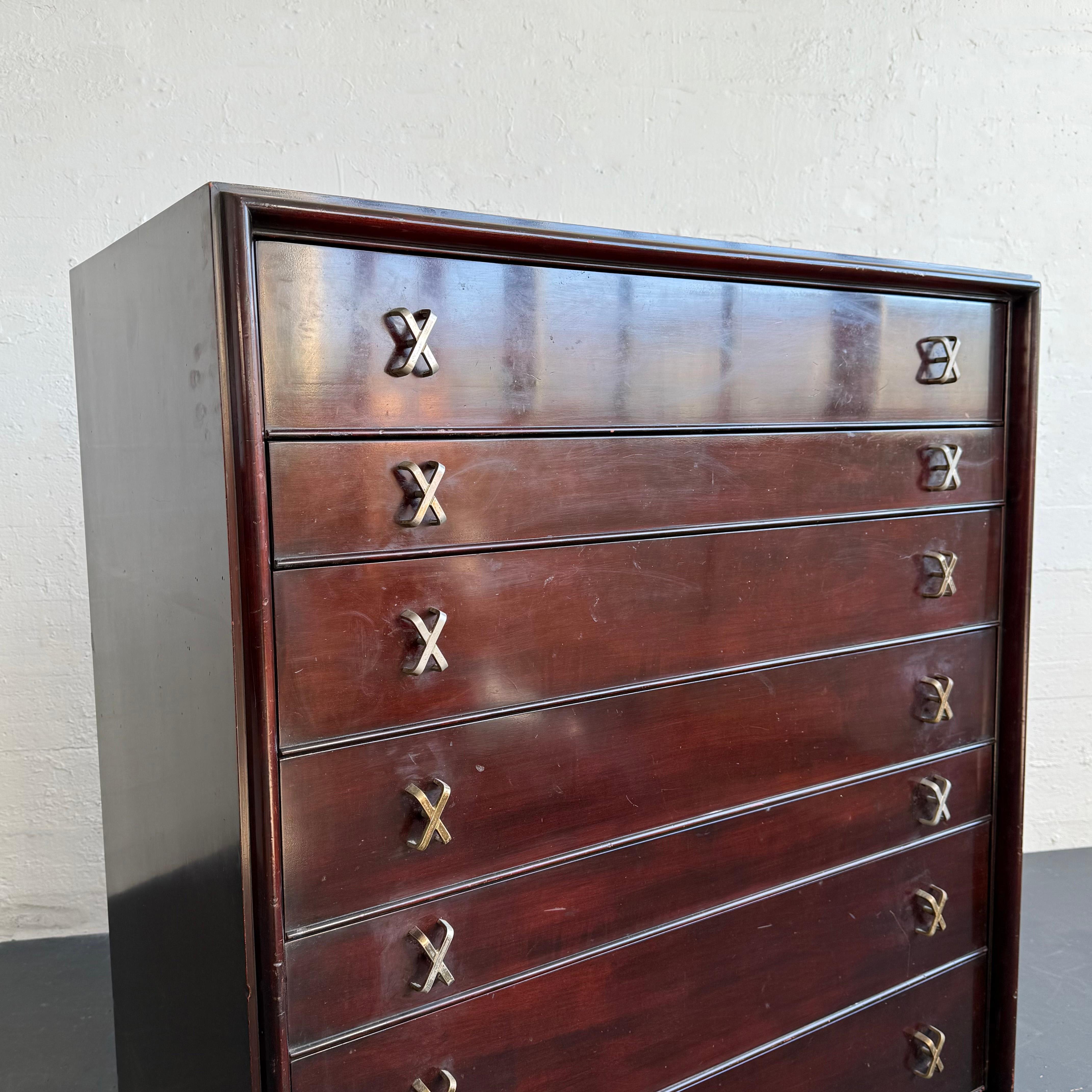 20th Century High-Boy Dresser With Nickel X-Shaped Pulls By Paul Frankl For Johnson Furniture For Sale