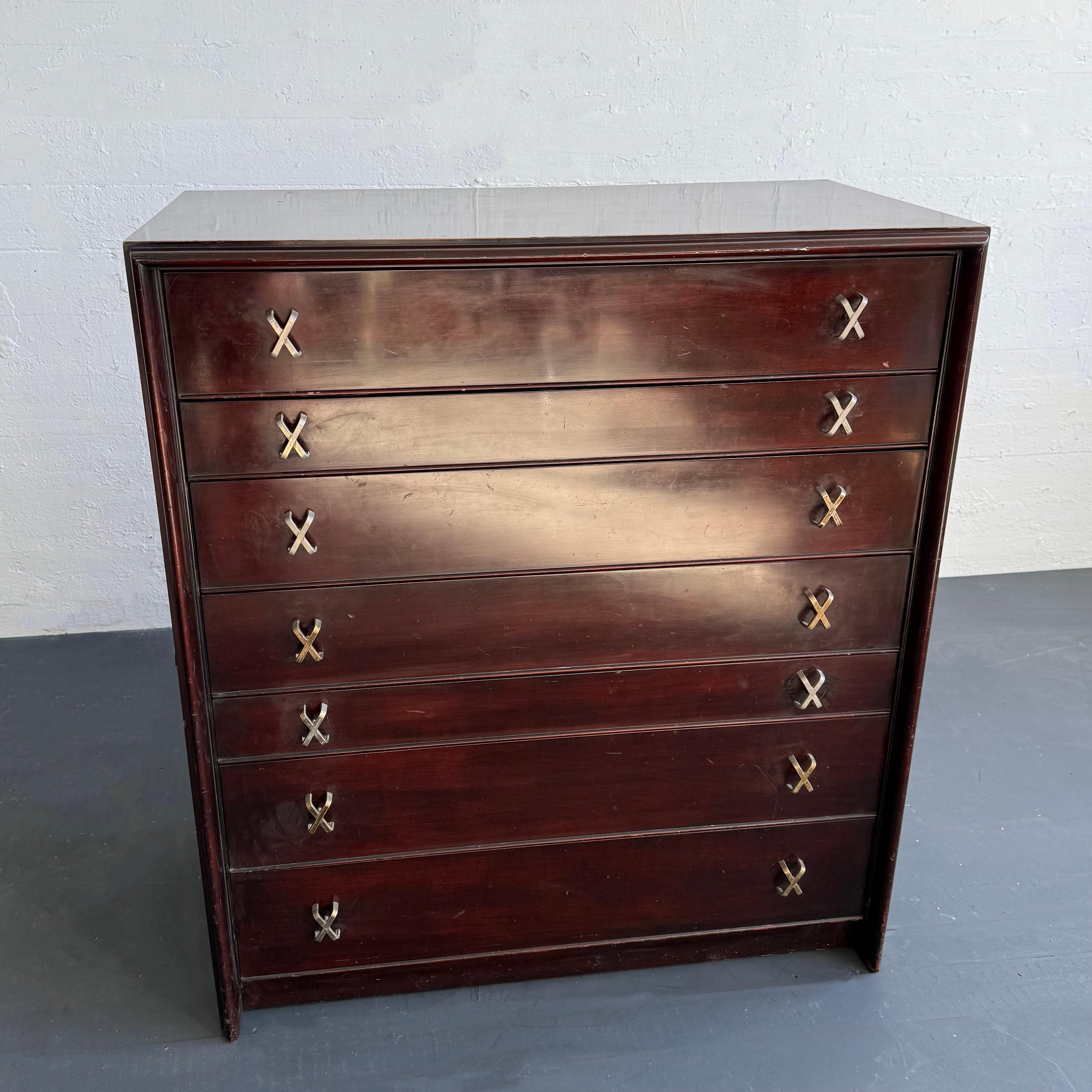 High-Boy Dresser With Nickel X-Shaped Pulls By Paul Frankl For Johnson Furniture For Sale 1