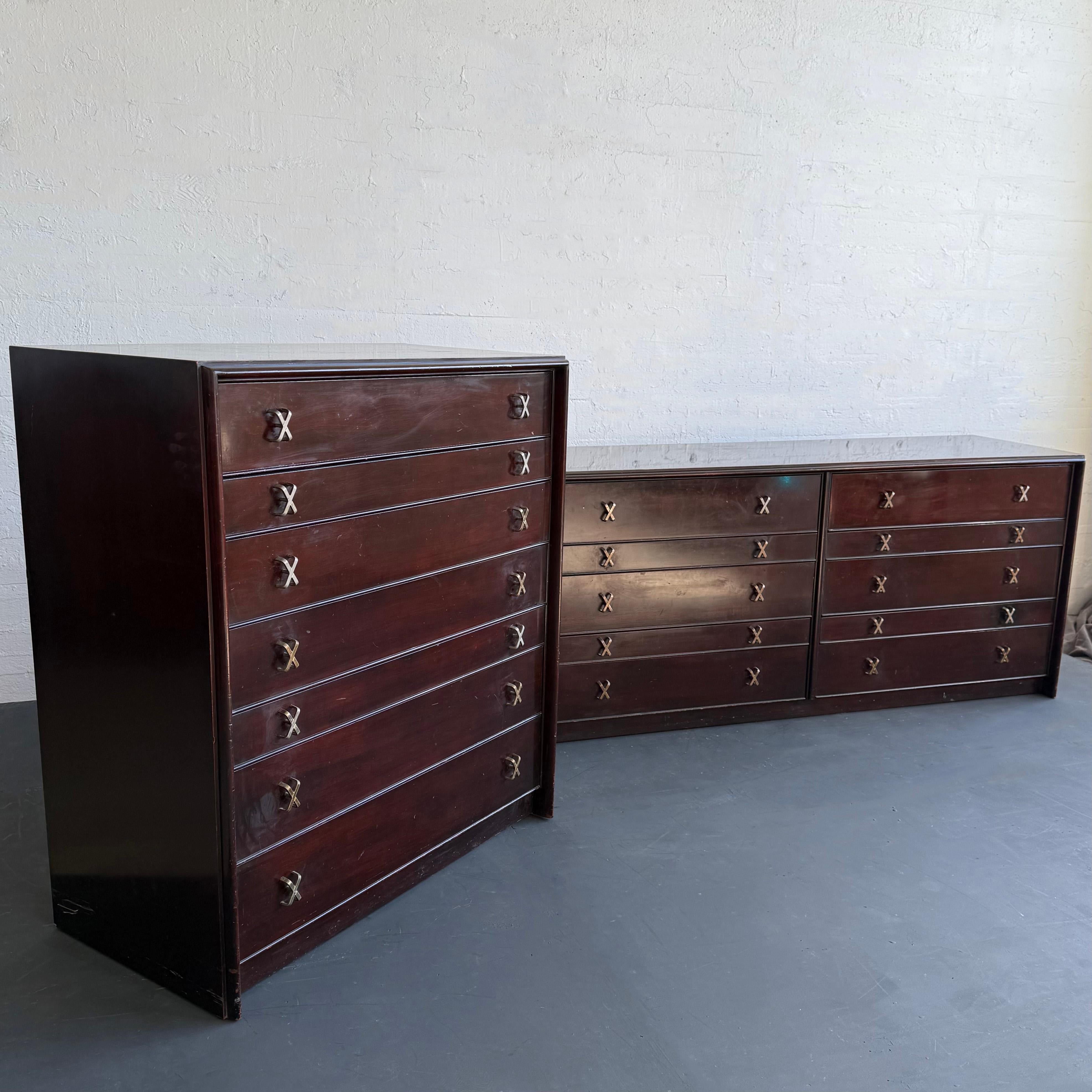 High-Boy Dresser With Nickel X-Shaped Pulls By Paul Frankl For Johnson Furniture For Sale 3