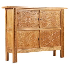 High Brutalist Cabinet in Solid Sculpted Oak, Early 20th Century