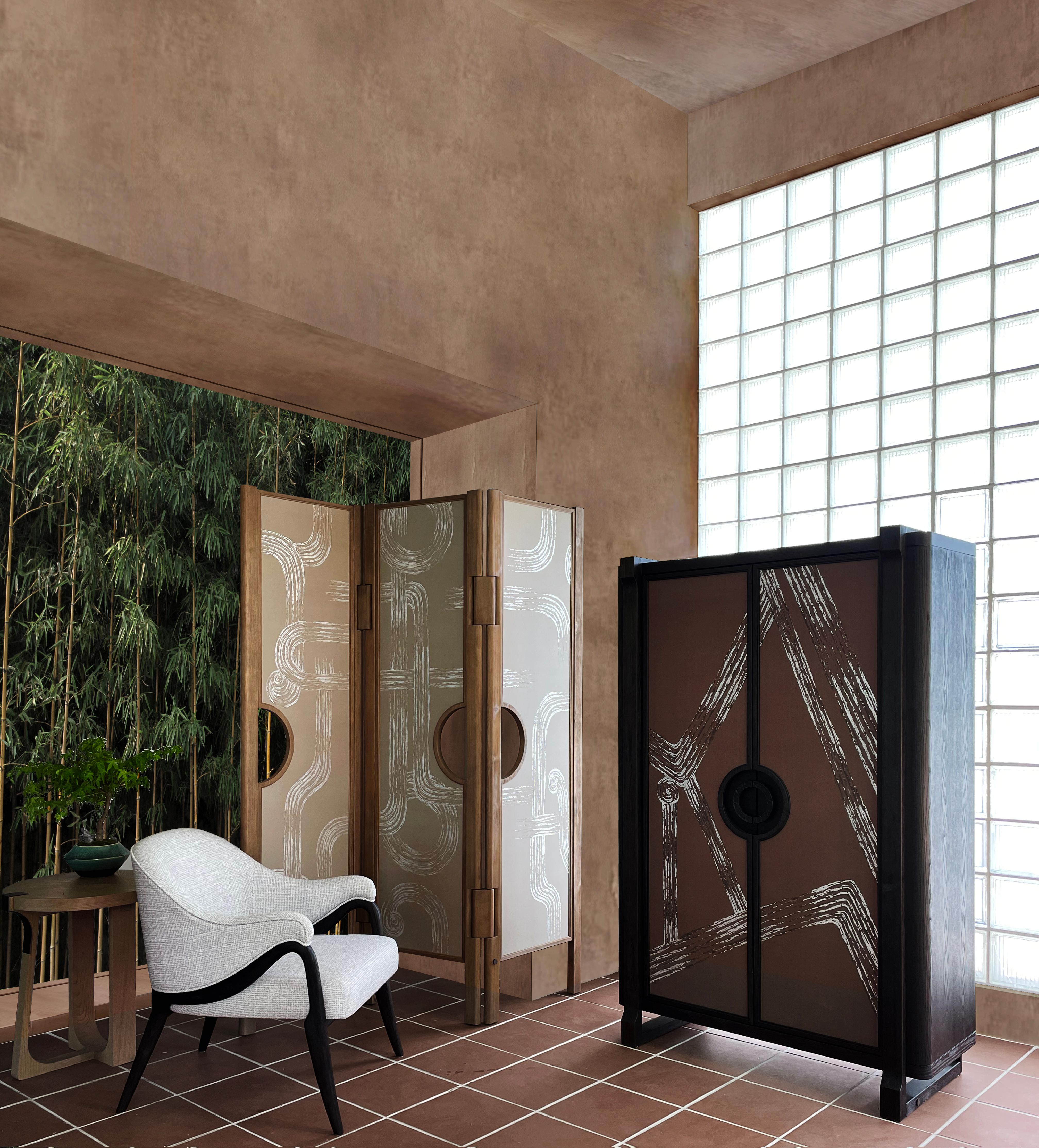 Modern High Cabinet with De Gournay Covering Art Déco Garden André Fu Living Storage For Sale