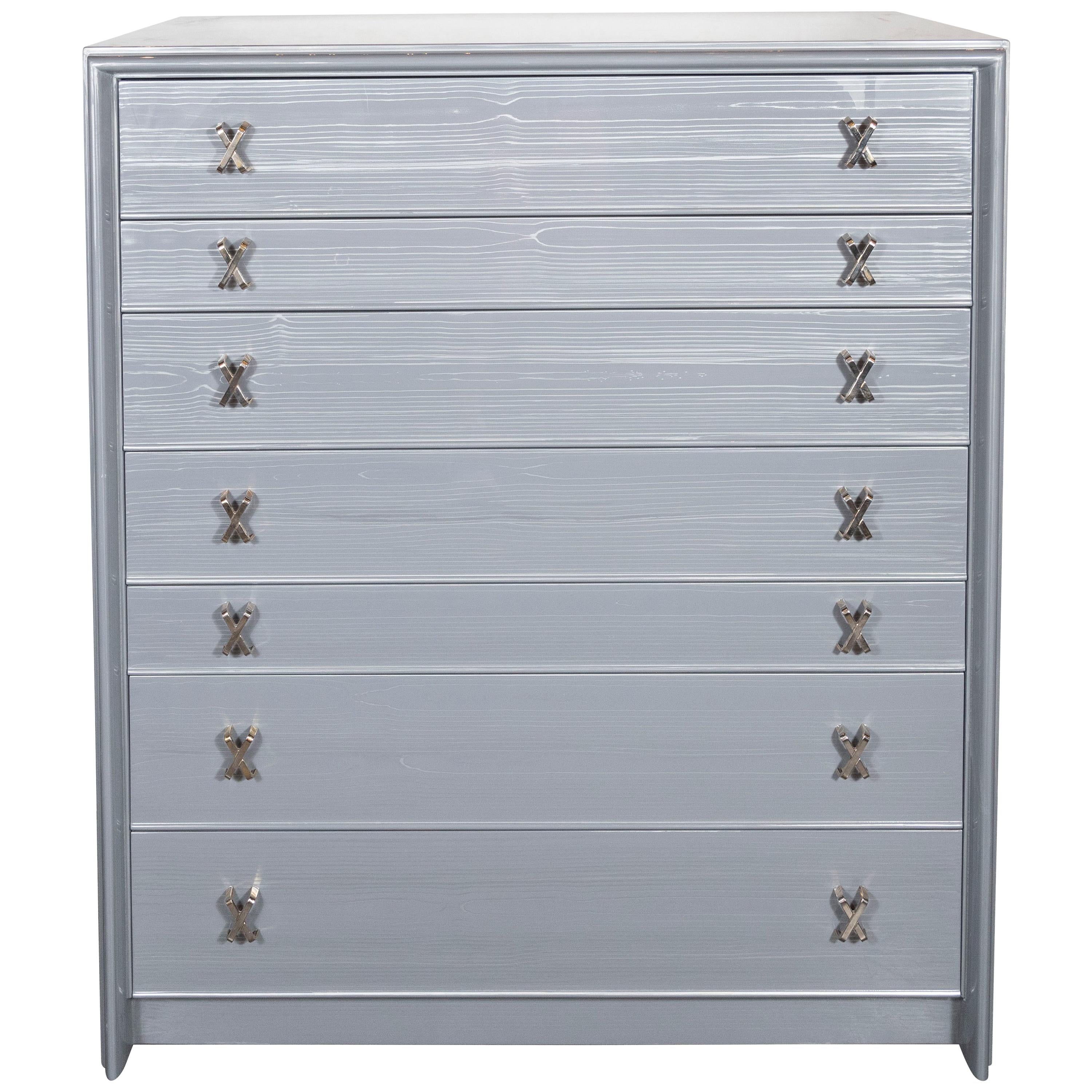 High Chest in Silver Cerused Oak with Nickel "X" Fittings by Paul Frankl