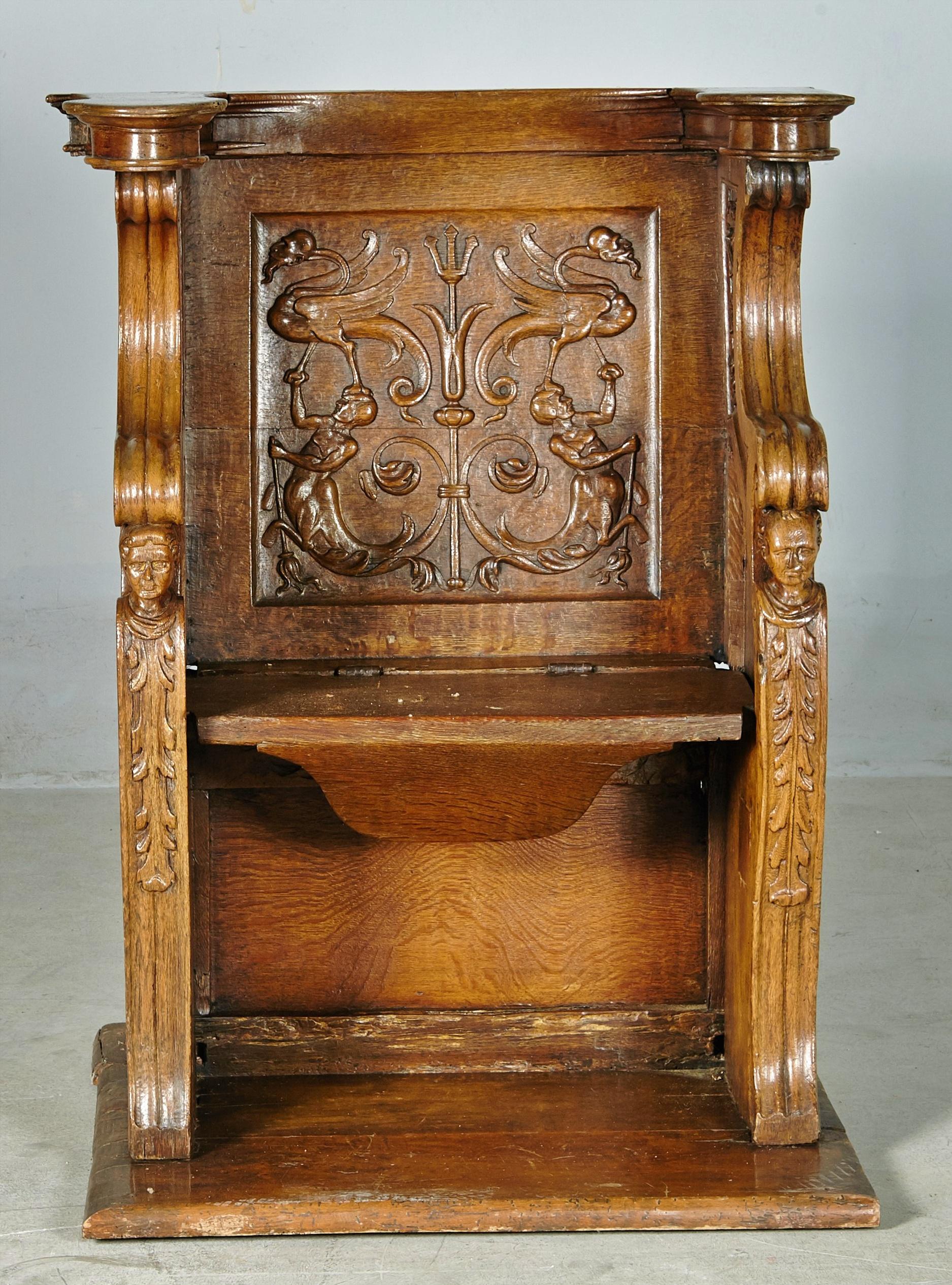 Gothic High Choir Chair in Oak Wood, Dutch Work 16th Century