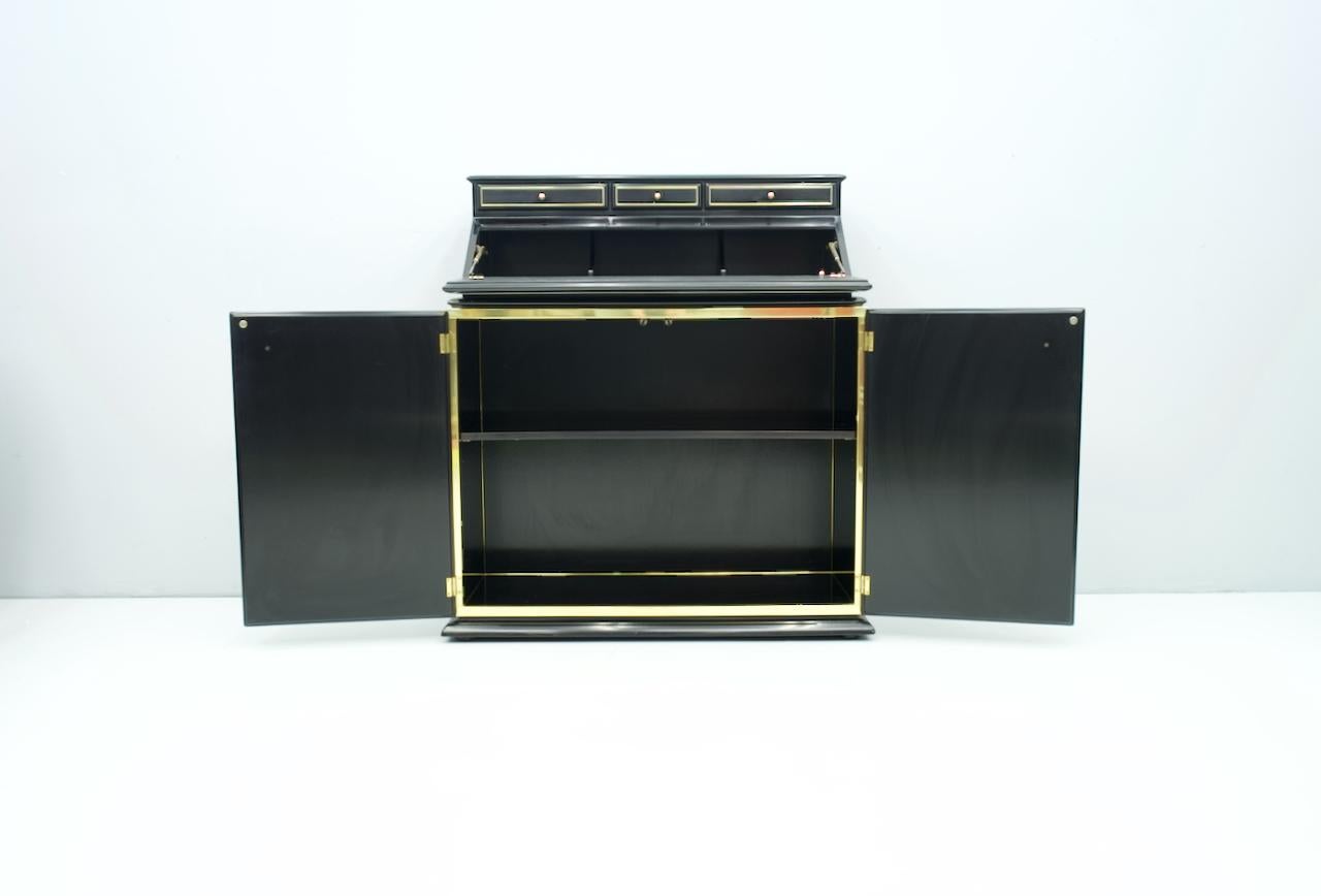 Mid-Century Modern High Class Secretary, Writing Desk in Black Lacquer and Brass, 1970s