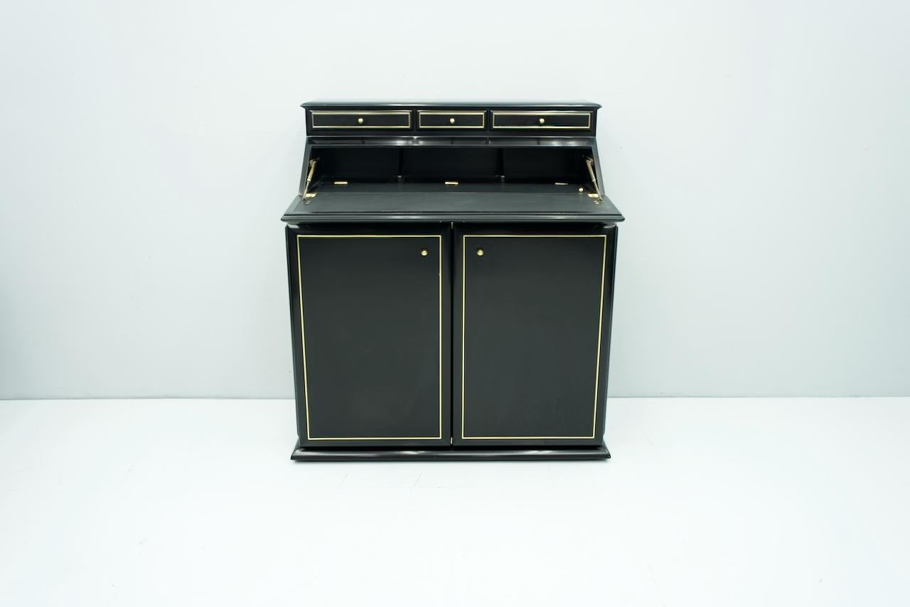 Late 20th Century High Class Secretary, Writing Desk in Black Lacquer and Brass, 1970s