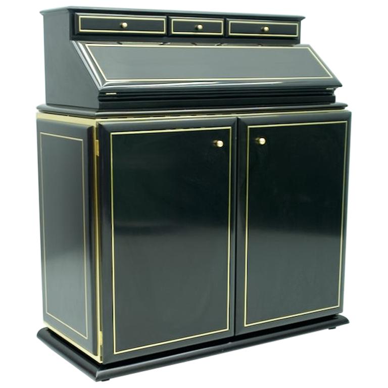 High Class Secretary, Writing Desk in Black Lacquer and Brass, 1970s
