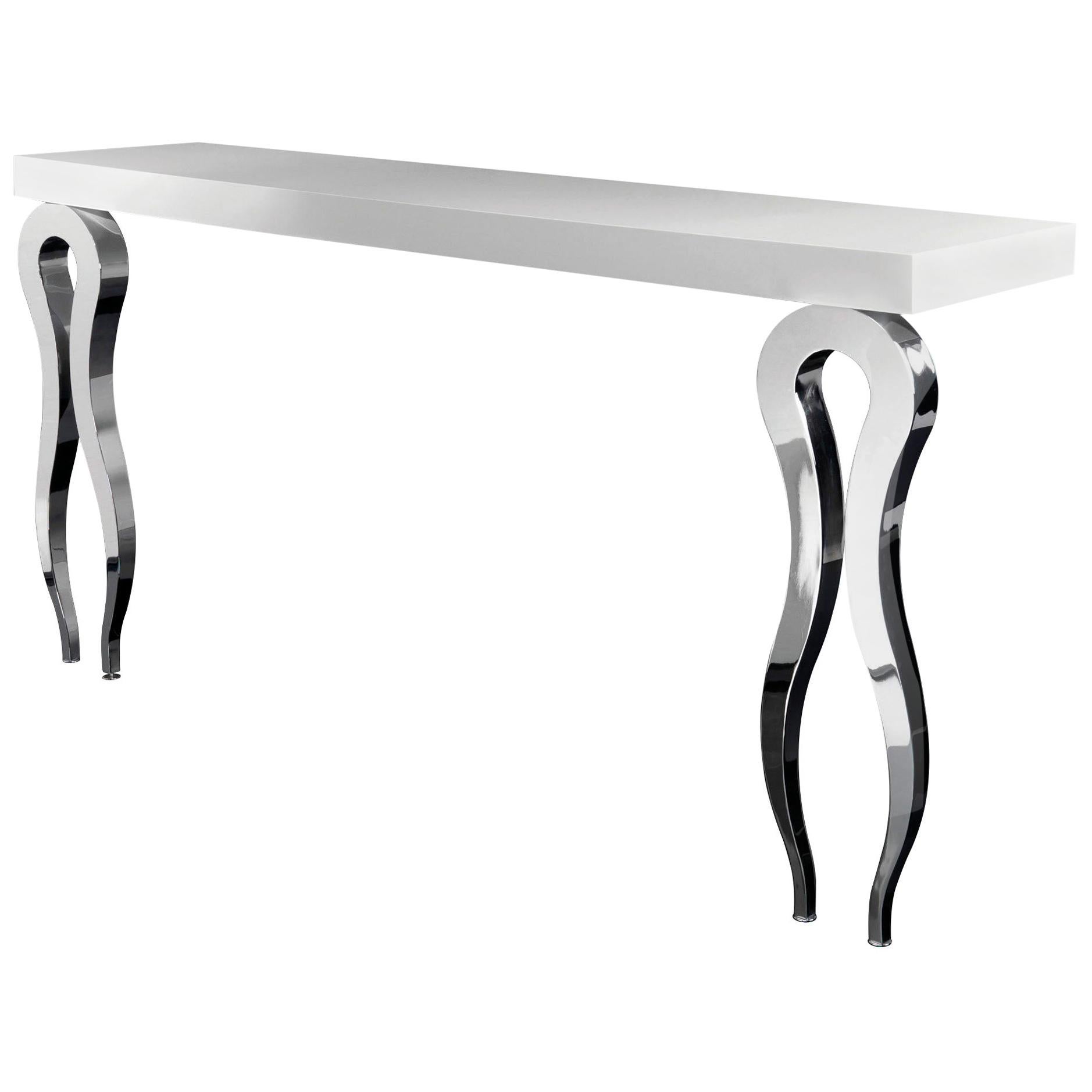 High Console Silhouette with 2 Legs, Wood and Steel, Italy For Sale