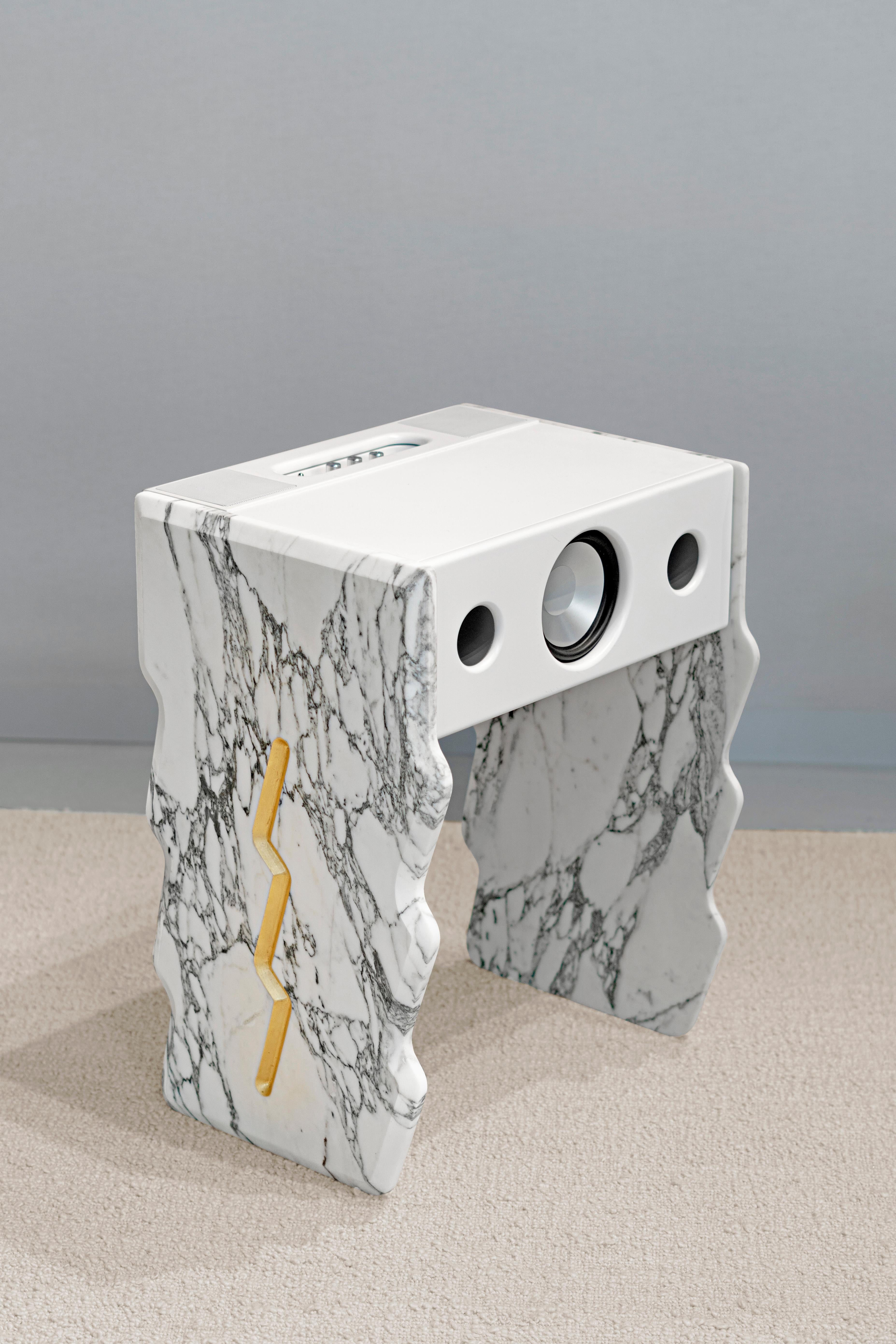 High Cube Thunder Acoustic Furniture by SB26
Dimensions: W 38 x D 48 x H 62 cm
Materials: St Laurent & Arabescato marble legs, leaf gilding, leather.
Weight 30 kg.

Based on the Cube (acoustic speaker cabinet designed by Samuel for la Boite