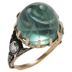 High Dome Cabochon Emerald Diamond 14K Yellow Gold Silver Cocktail Ring
