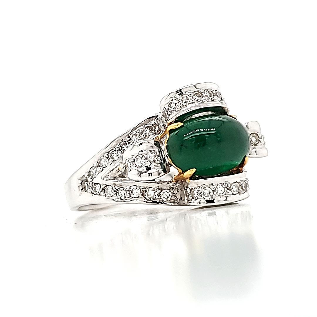 Contemporary High Dome Oval Emerald Cab Engagement Ring with Diamonds and Gold For Sale
