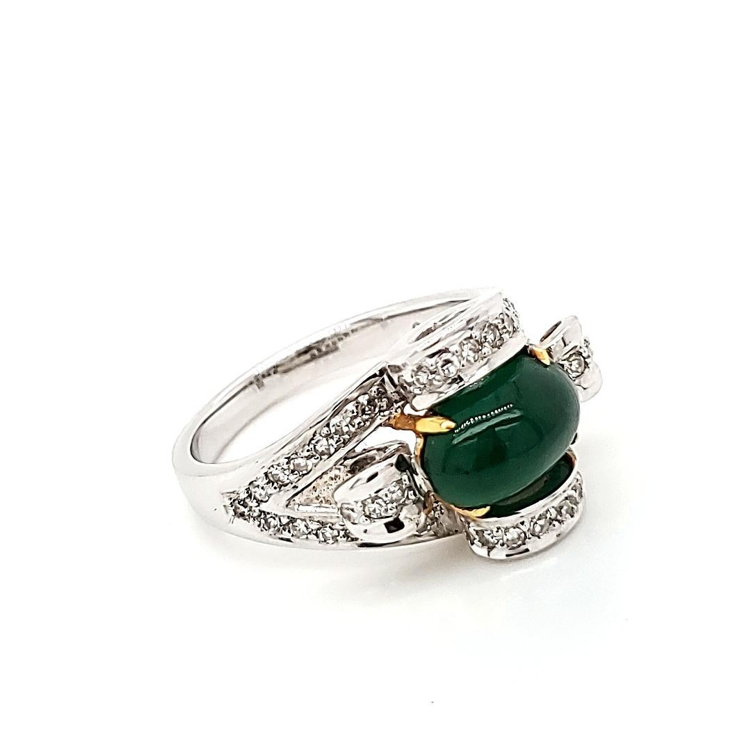 Emerald Cut High Dome Oval Emerald Cab Engagement Ring with Diamonds and Gold For Sale