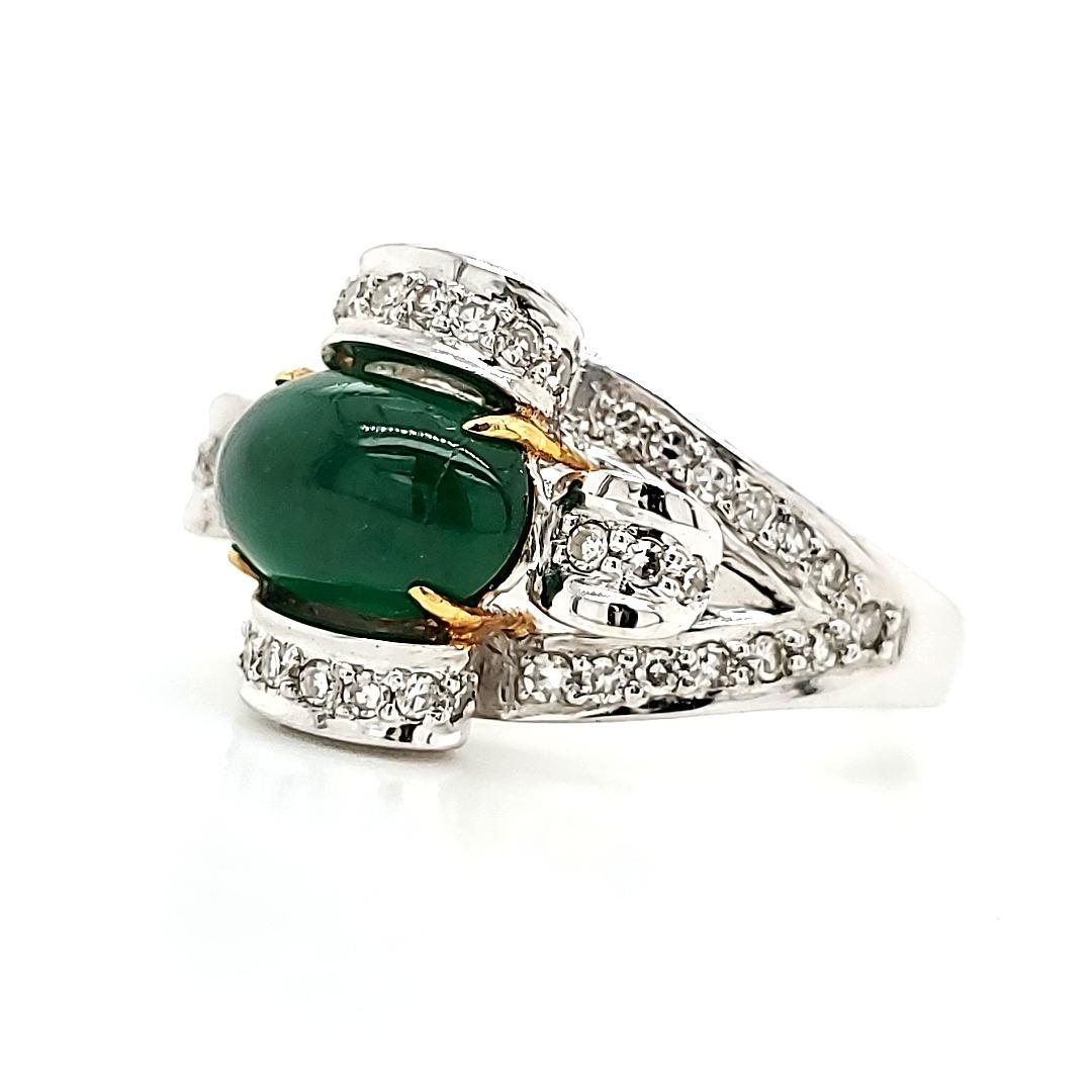 High Dome Oval Emerald Cab Engagement Ring with Diamonds and Gold In New Condition For Sale In Hong Kong, HK
