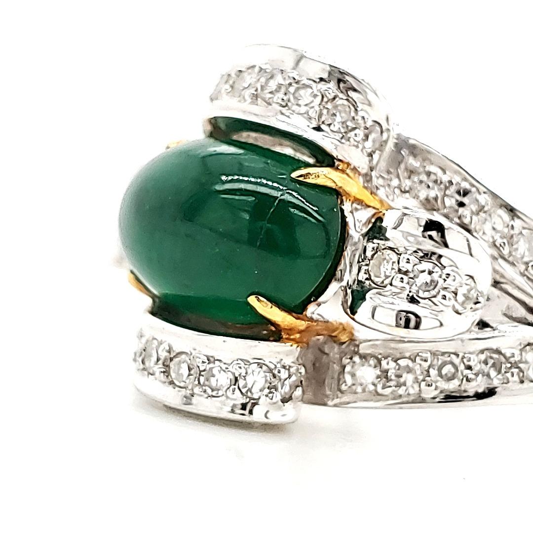 Women's or Men's High Dome Oval Emerald Cab Engagement Ring with Diamonds and Gold For Sale