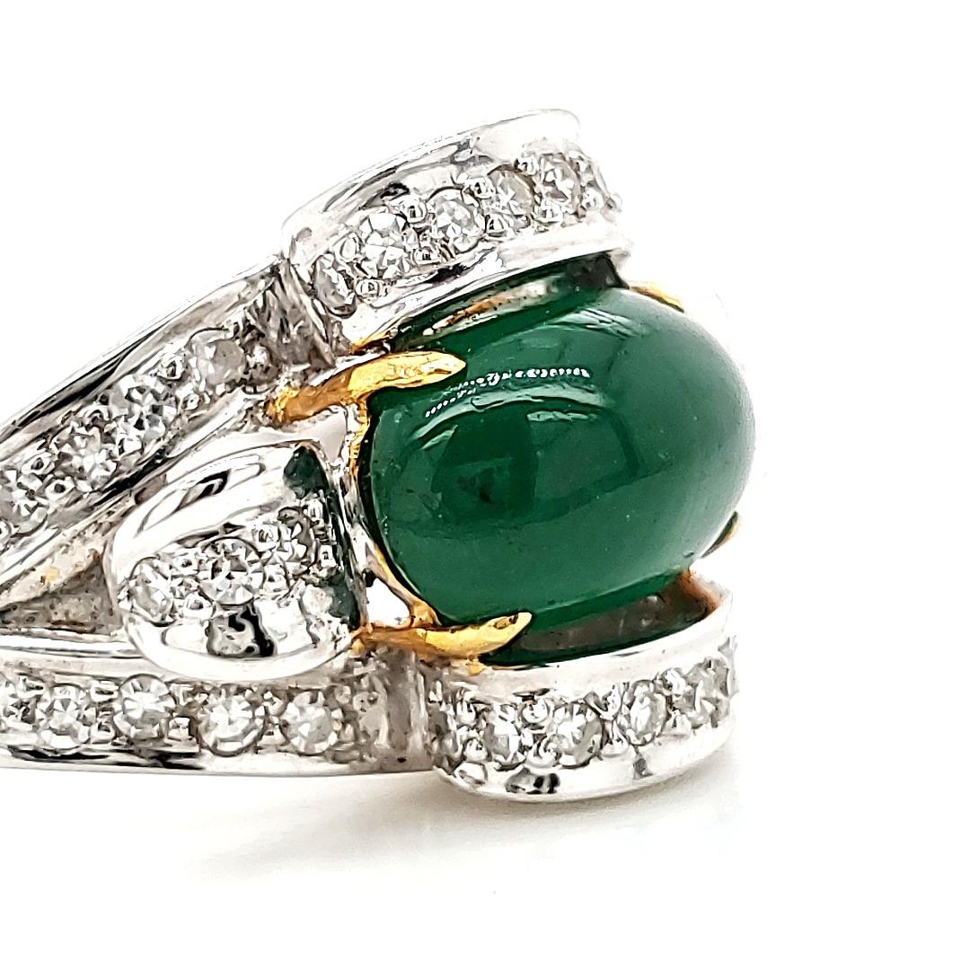 High Dome Oval Emerald Cab Engagement Ring with Diamonds and Gold For Sale 1