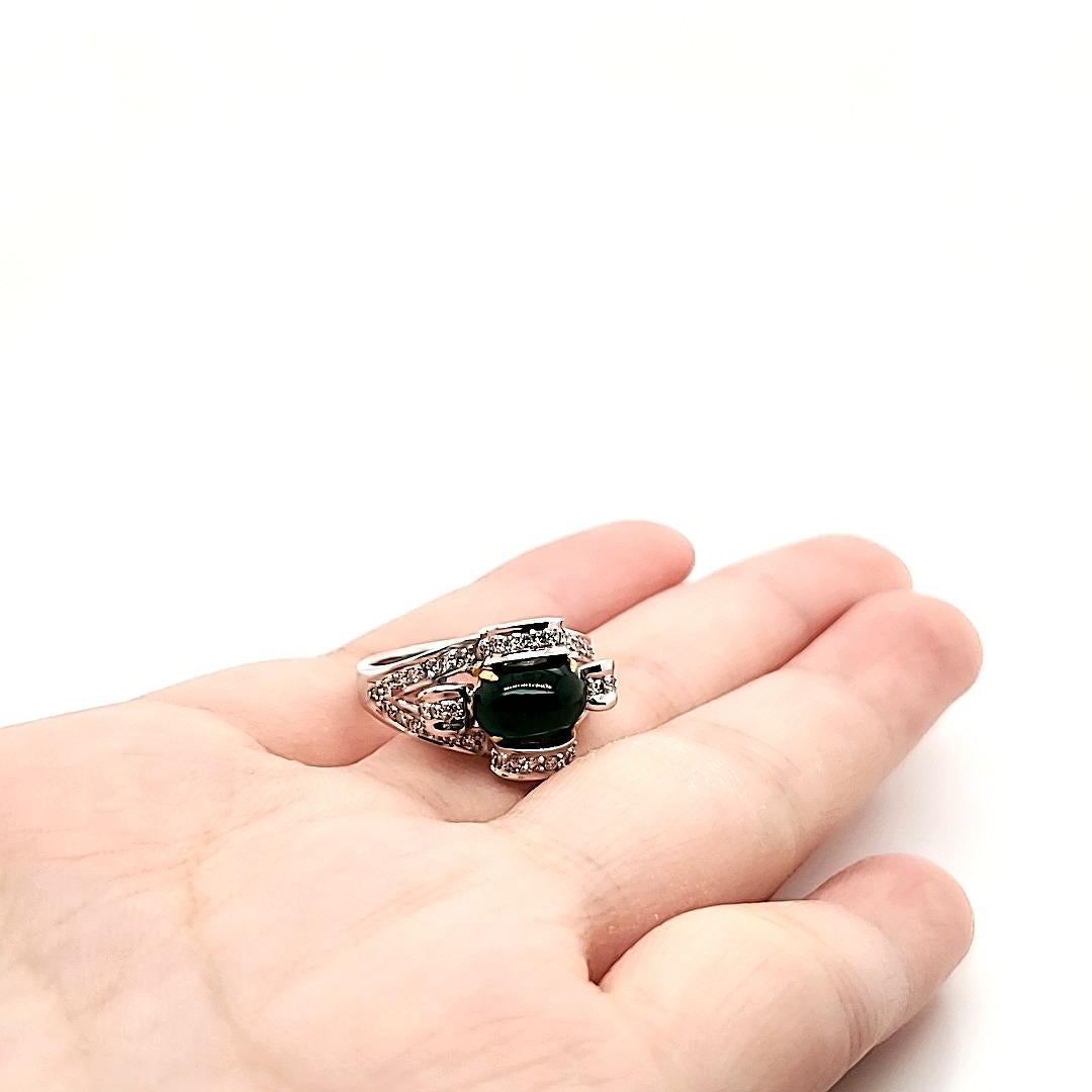 High Dome Oval Emerald Cab Engagement Ring with Diamonds and Gold For Sale 2