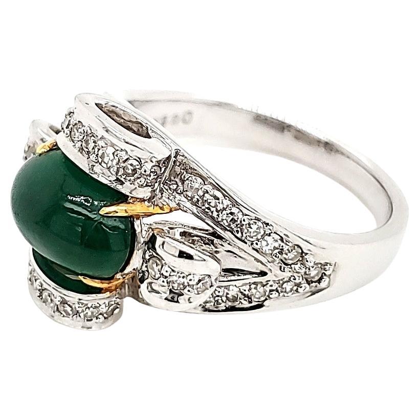 High Dome Oval Emerald Cab Engagement Ring with Diamonds and Gold