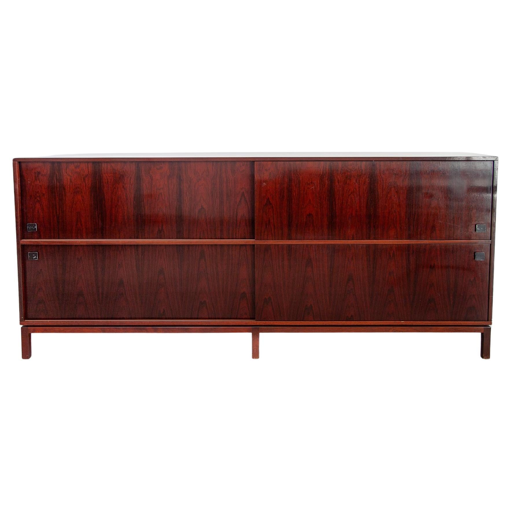 Rare and beautiful high double sideboard, designed by the Belgian Architect Modernist Alfred Hendrickx for Belform, 1960. Beautiful decorative furniture because of the reflection of the walnut veneer. A very practical piece of furniture, sideboard