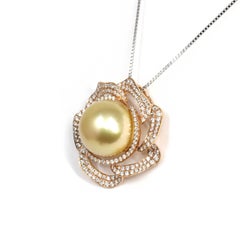 High-End 18k Gold Round, Golden South Sea Cultured Pearl & Diamond Pendant