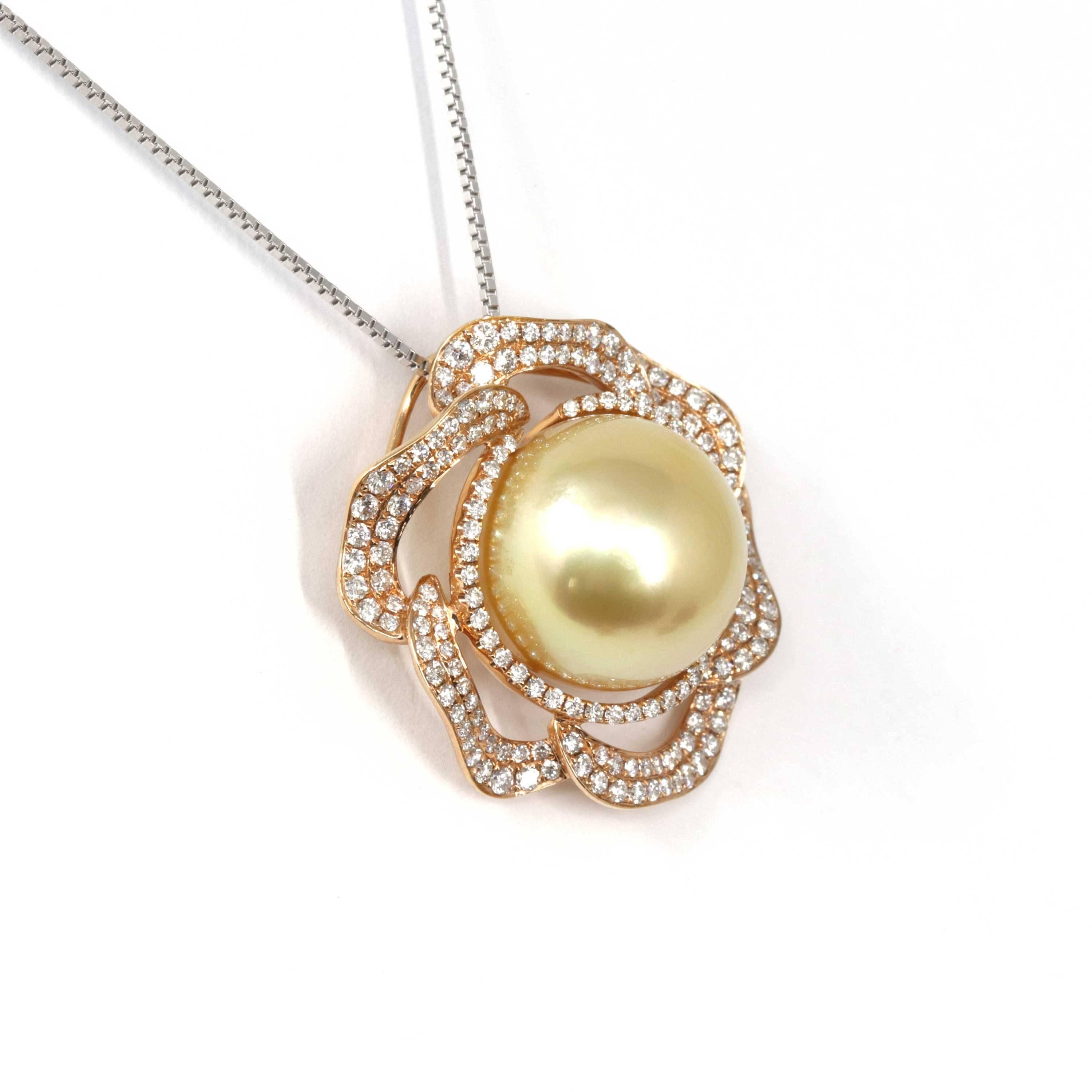 Artist High-End 18k Gold Round, Golden South Sea Cultured Pearl & Diamond Pendant For Sale