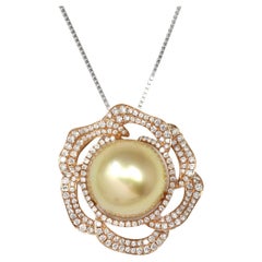 High-End 18k Gold Round, Golden South Sea Cultured Pearl & Diamond Pendant