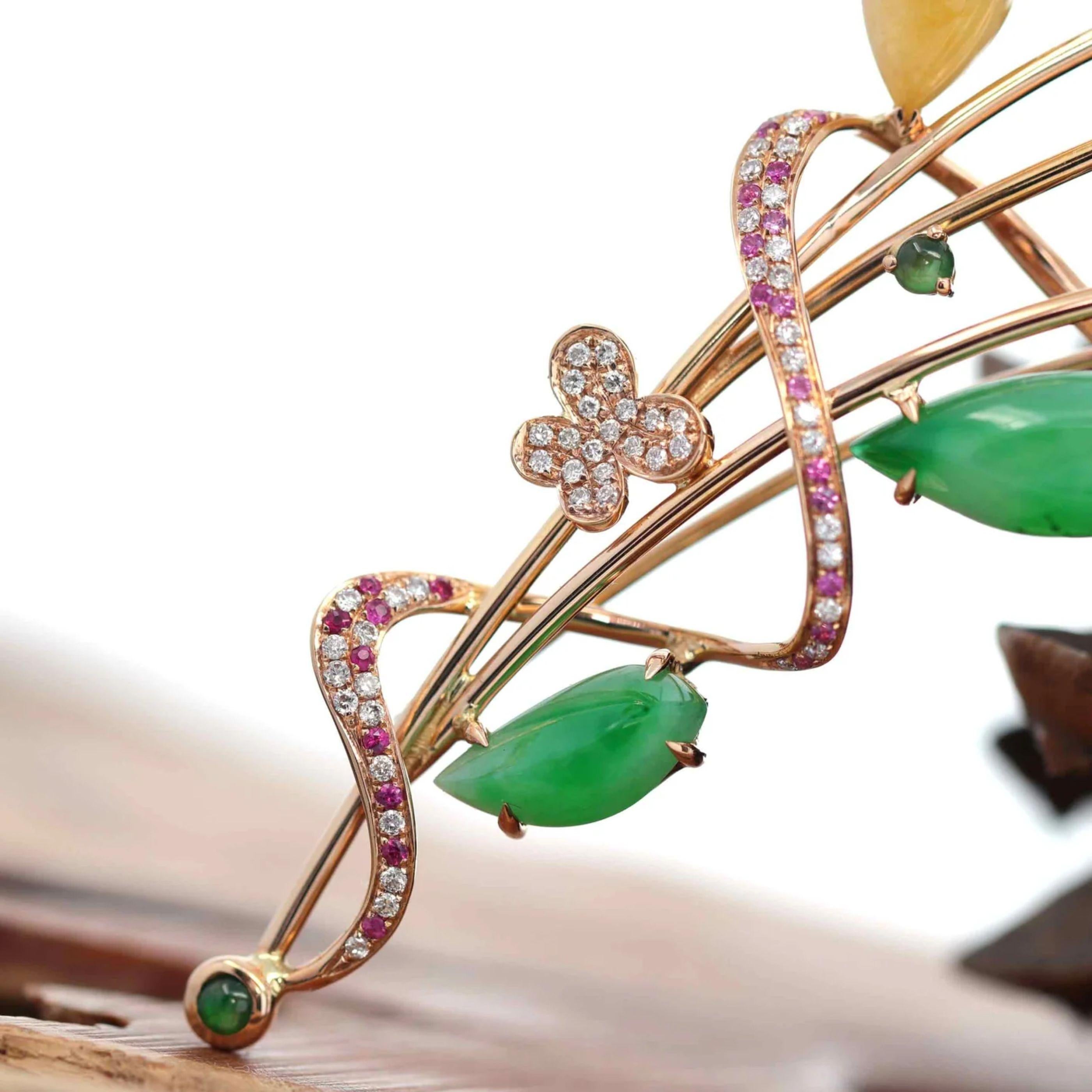Artist High-End 18k Rose Gold Genuine Imperial Jadeite Jade Pendant & Brooch Diamonds For Sale
