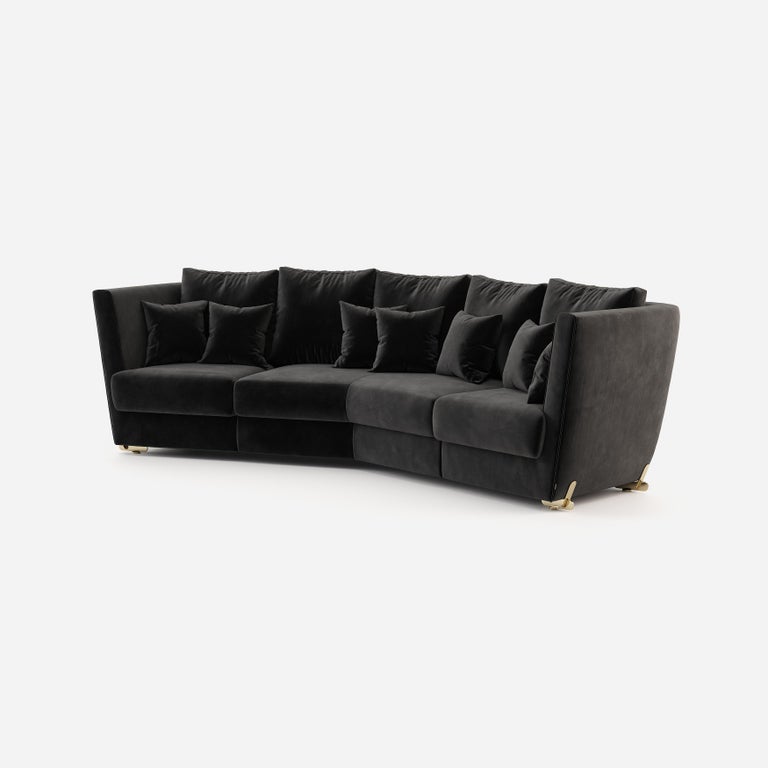 High-End Bespoke Sofa in Deep Black Velvet and Gold Feet For Sale at