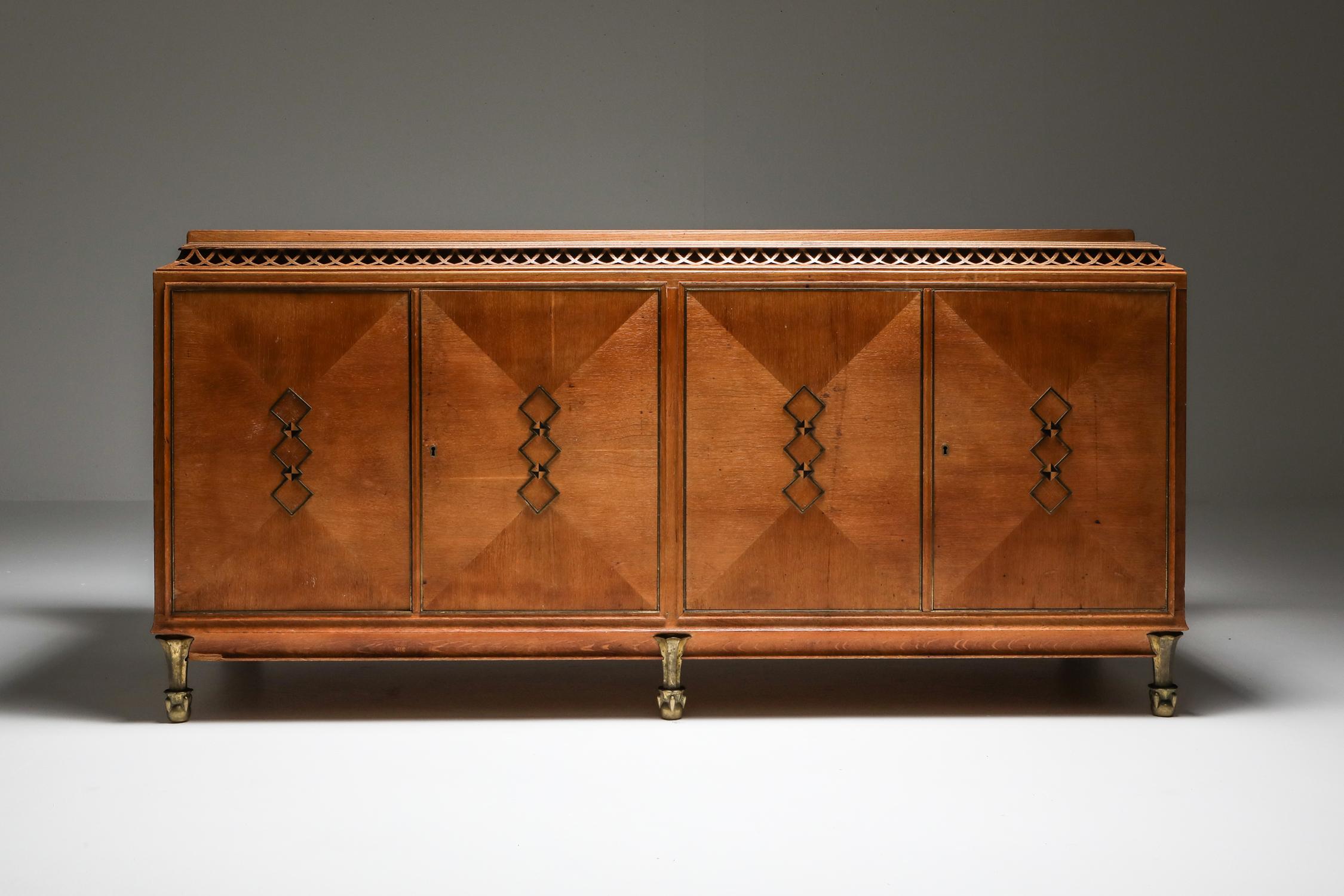 Art Deco High-End Credenza in Oak, Bronze and Marble, 1930s For Sale