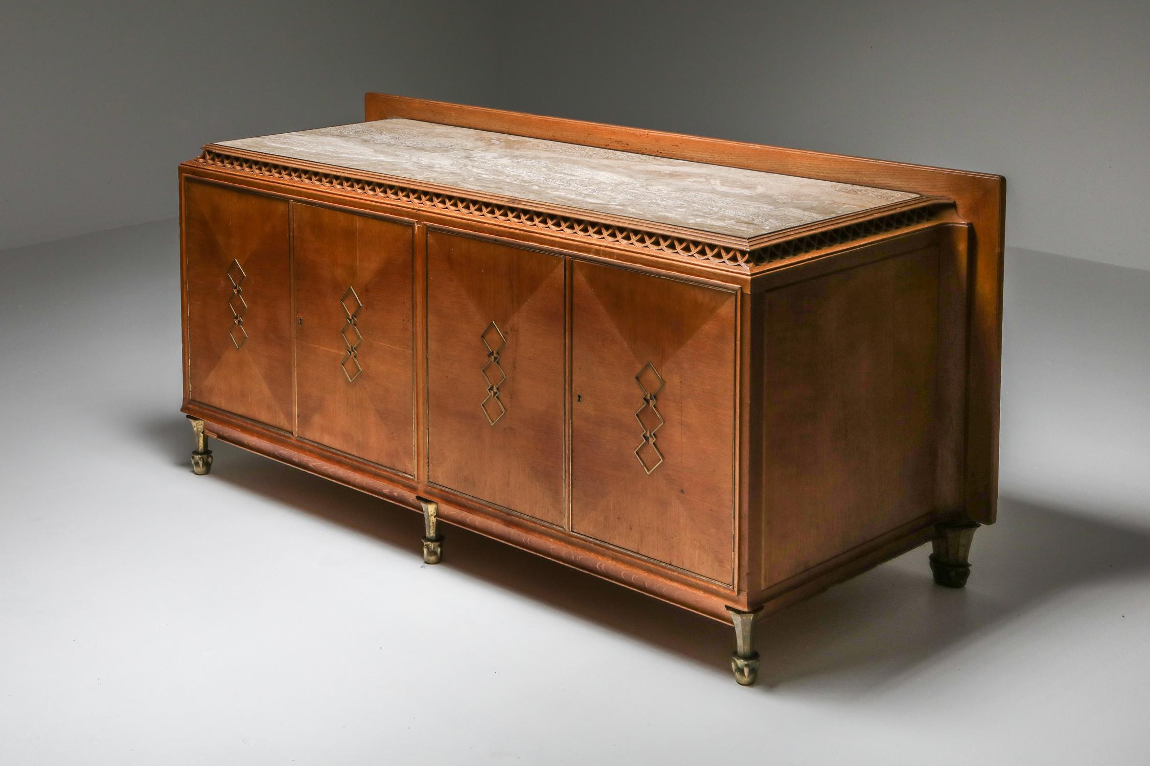 French High-End Credenza in Oak, Bronze and Marble, 1930s For Sale