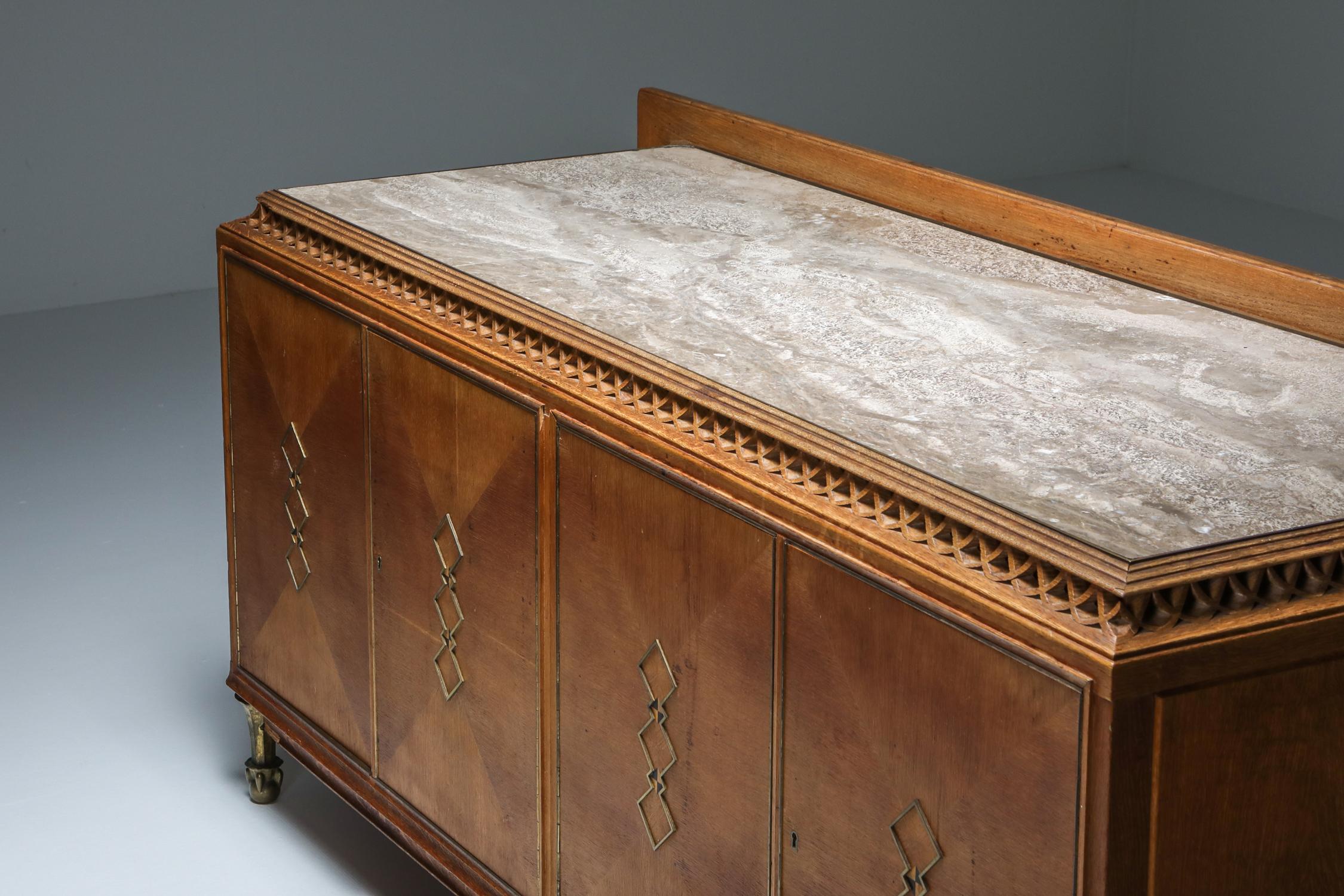20th Century High-End Credenza in Oak, Bronze and Marble, 1930s For Sale
