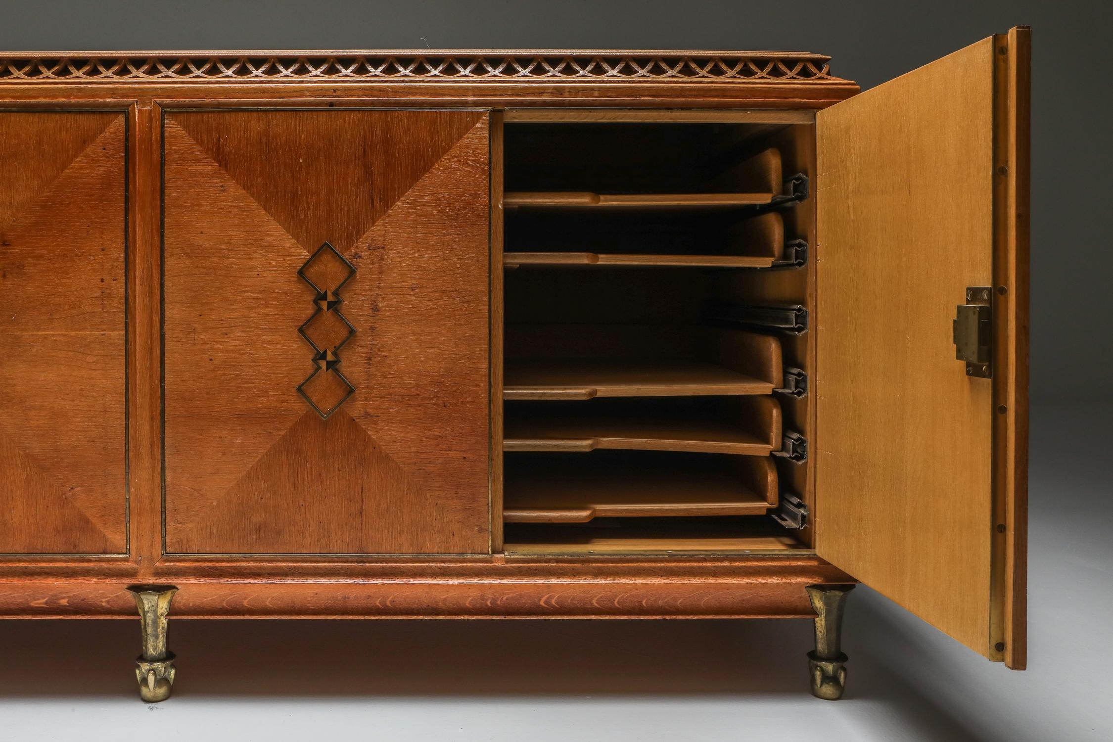 High-End Credenza in Oak, Bronze and Marble, 1930s For Sale 1