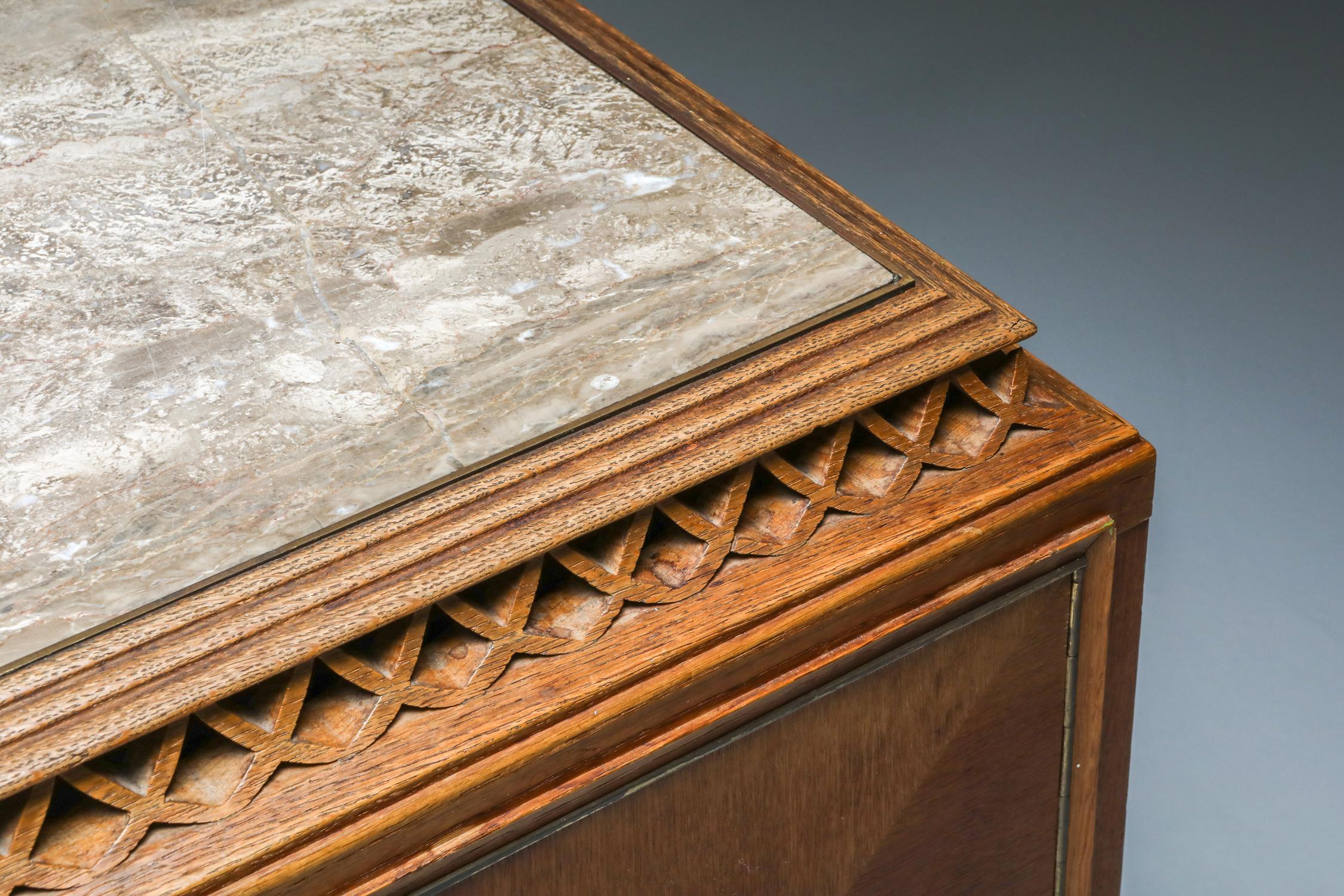 High-End Credenza in Oak, Bronze and Marble, 1930s For Sale 3