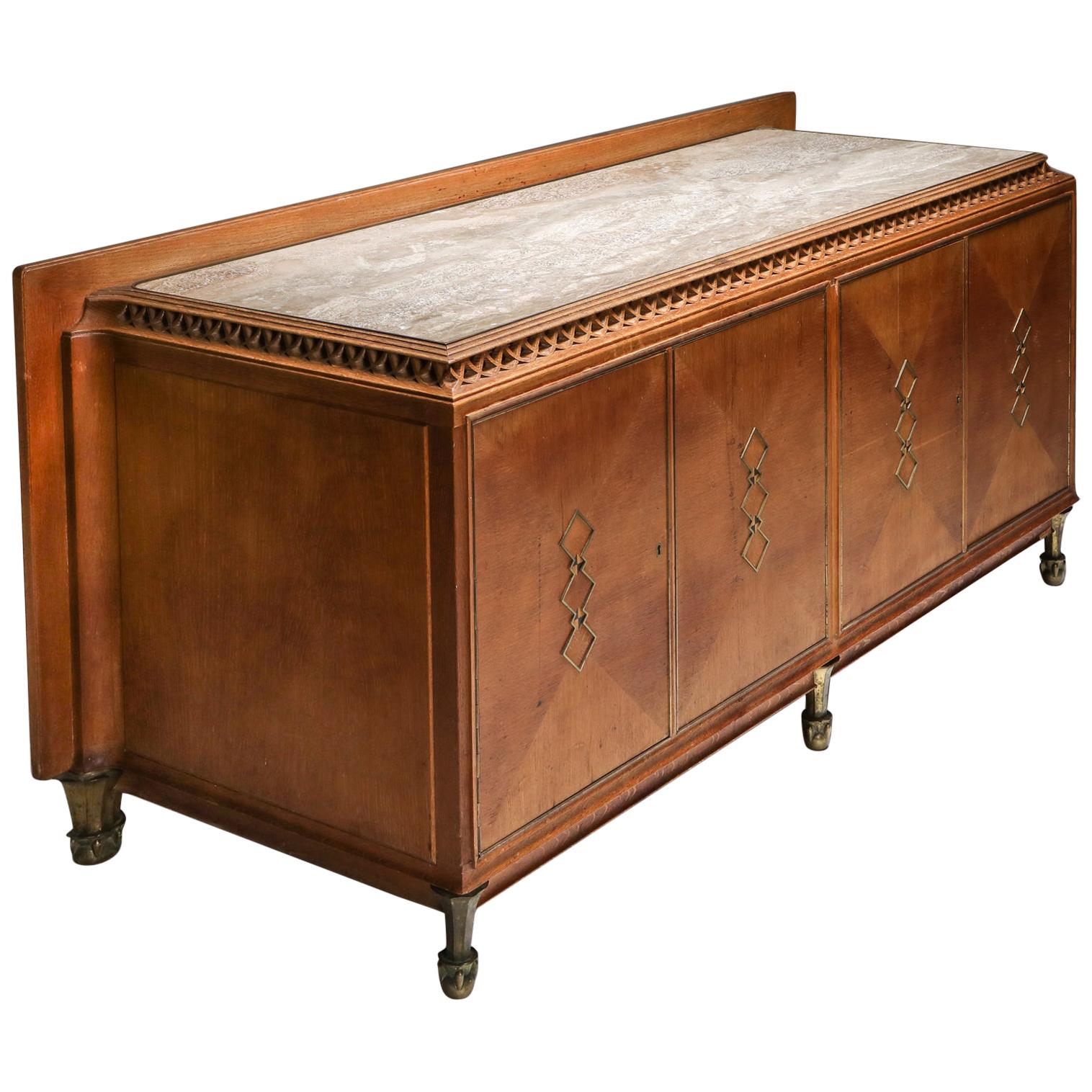 High-End Credenza in Oak, Bronze and Marble, 1930s For Sale