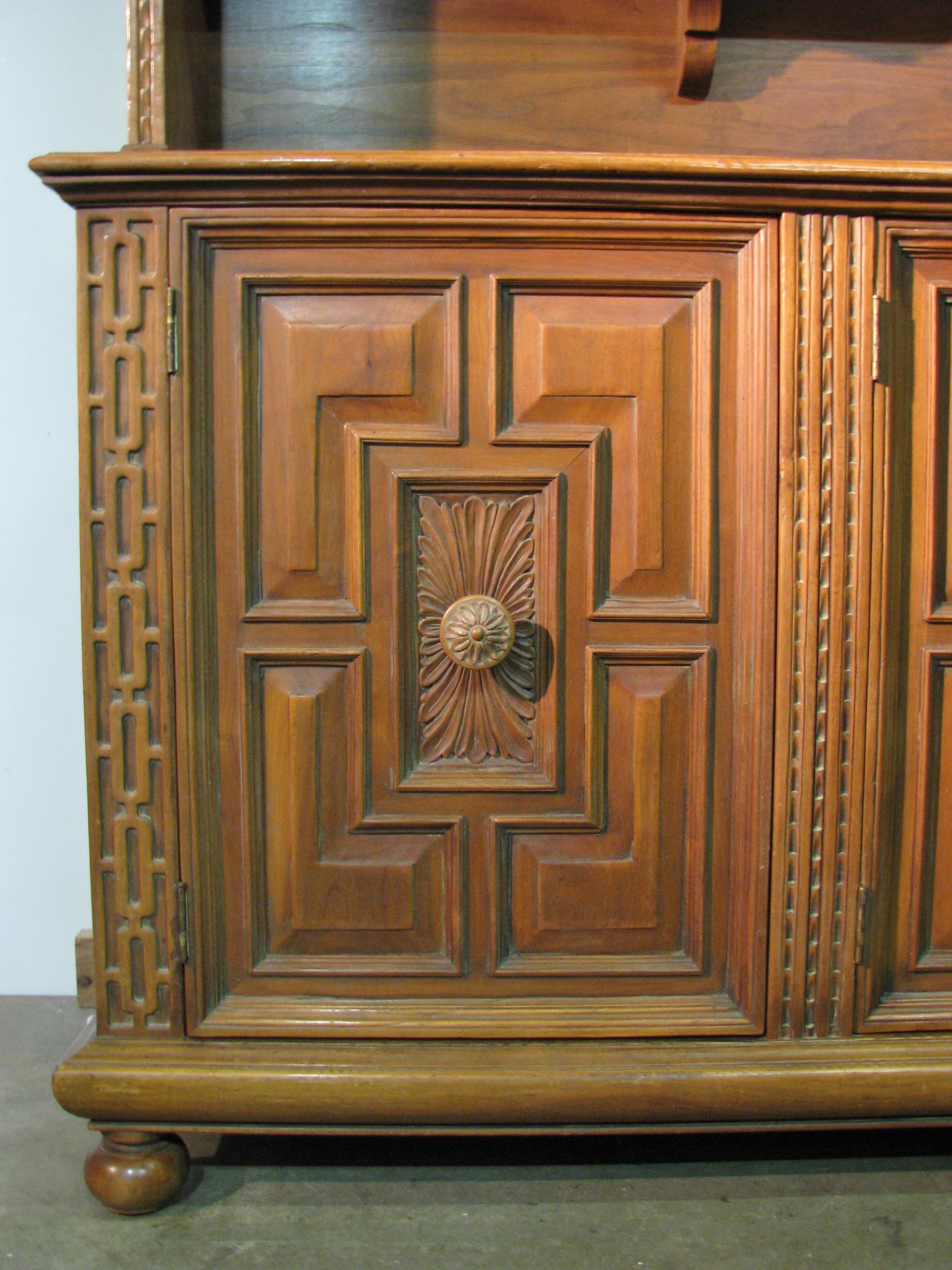 Hand-Crafted High End Italian Renaissance Style Walnut Cabinet & Shelves by Joseph Milbeck For Sale