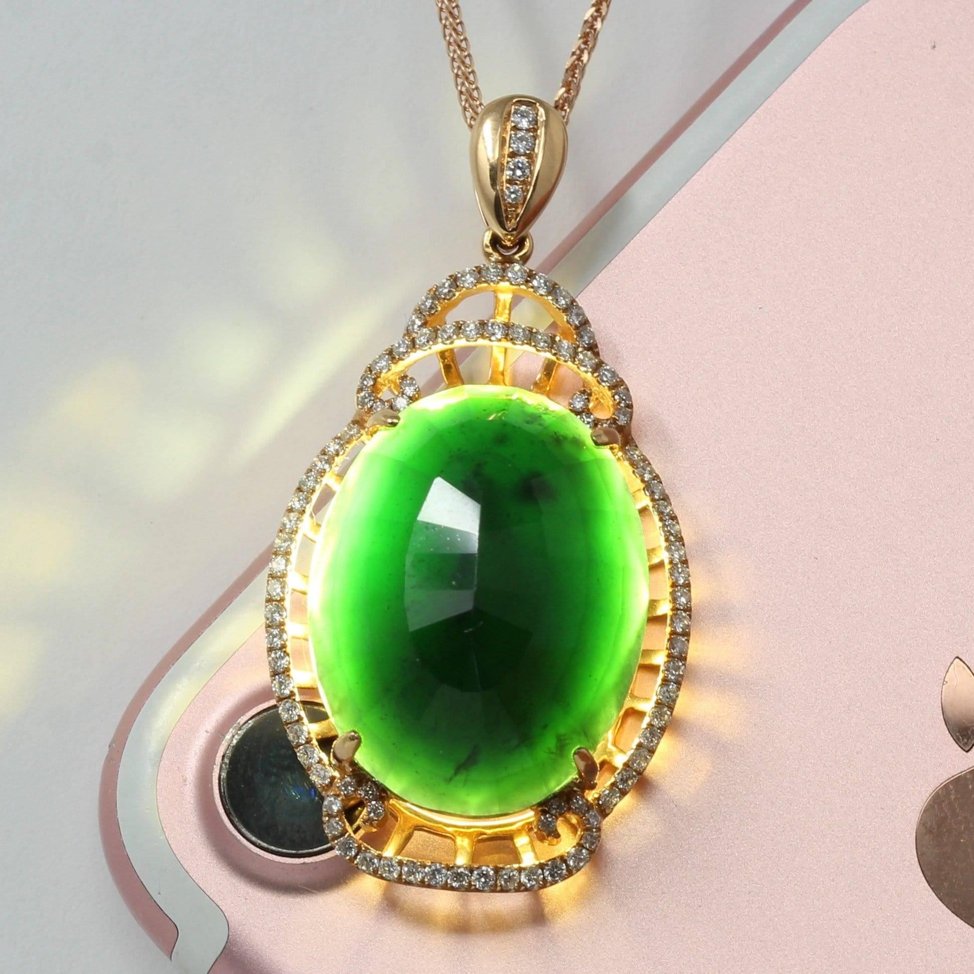 DESIGN CONCEPT--- This 18k rose gold necklace is made with high-quality genuine black Burmese jadeite that is truly one of a kind. 27 ct of rich, black color with the magical property of black jade which shows green under the light. The design was a