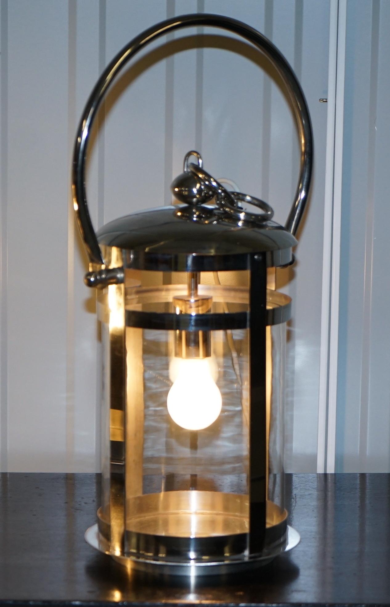 Modern High End Twin Cylindrical Glass Affects Chromed Hanging or Table Storm Lanterns For Sale