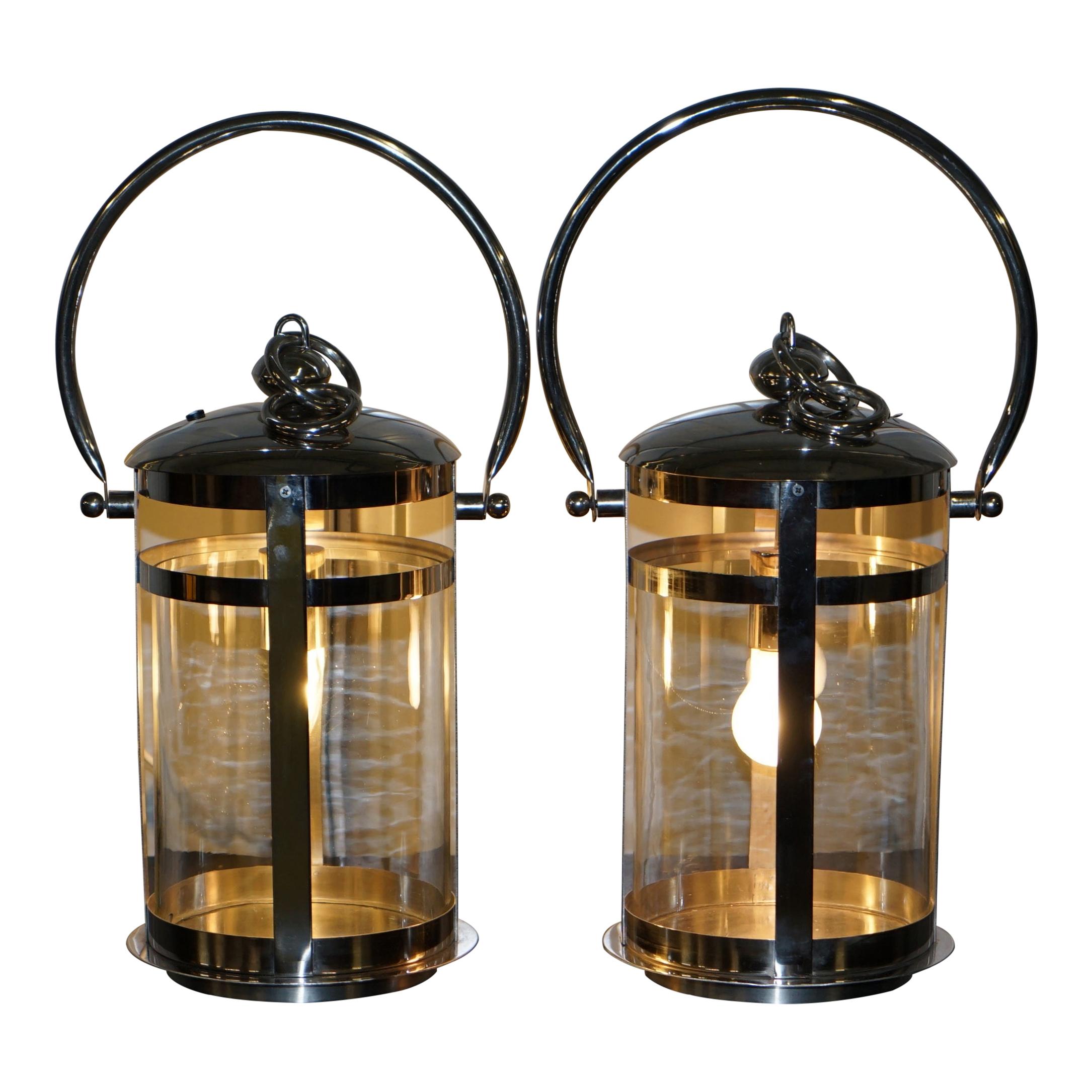 High End Twin Cylindrical Glass Affects Chromed Hanging or Table Storm Lanterns For Sale