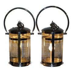 Vintage High End Twin Cylindrical Glass Affects Chromed Hanging or Table Storm Lanterns